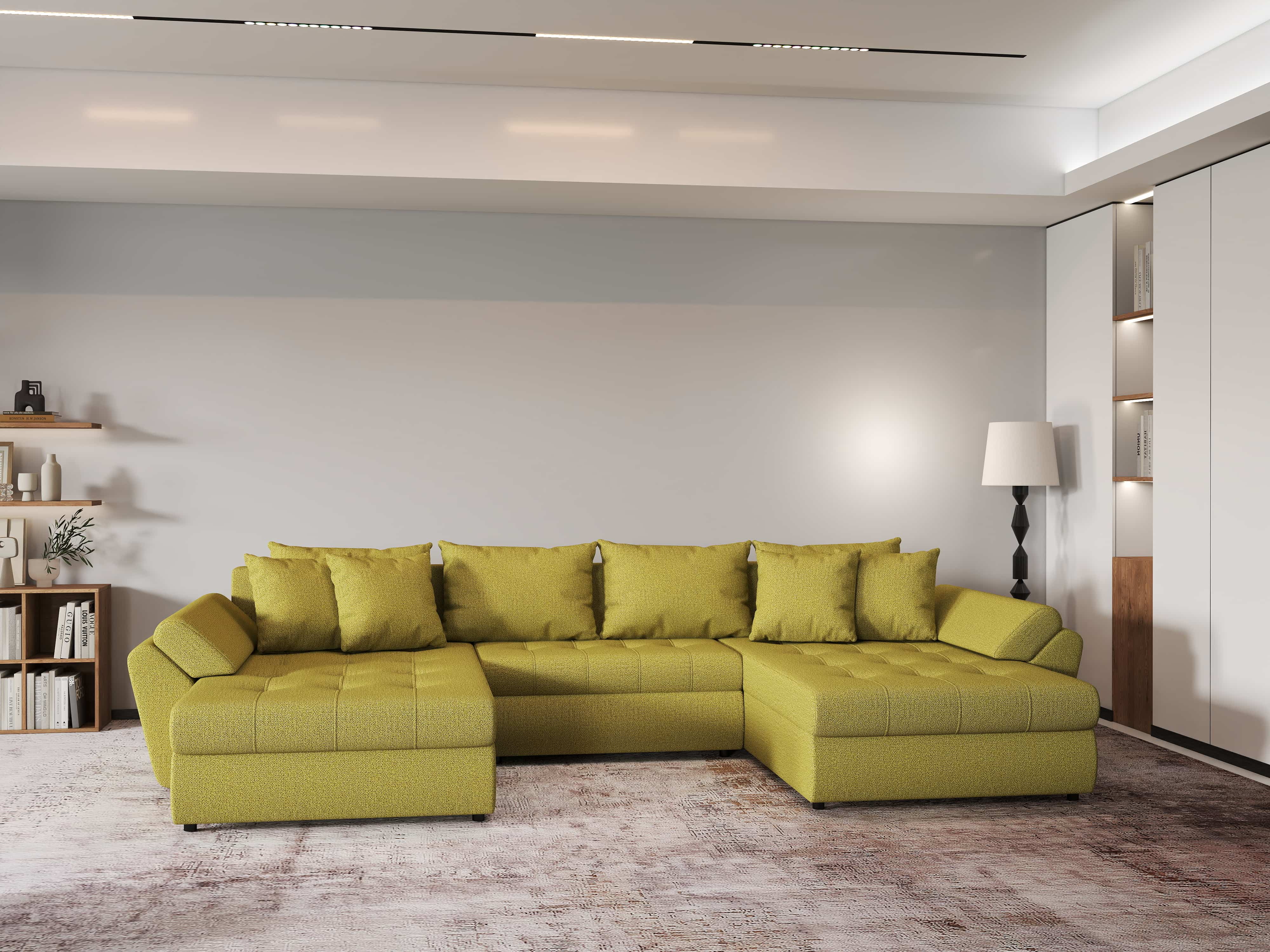 Colțar extensibil dumonde cu ladă de depozitare si sezut confortabil din spuma HR, Loana U Green Lux 355x185 cm Fabrica