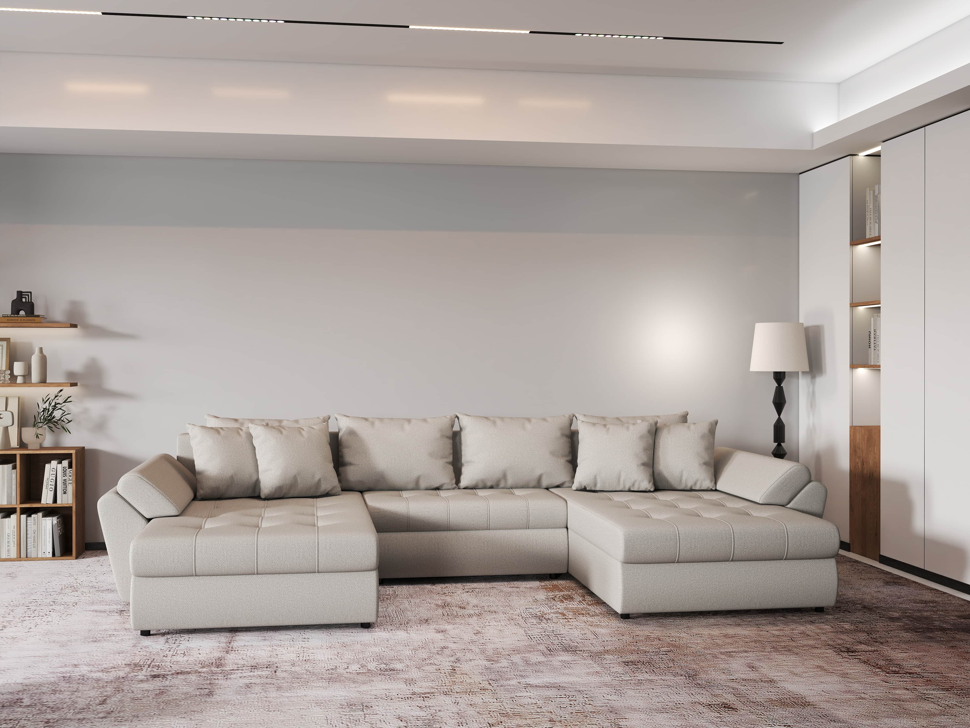 Colțar extensibil dumonde cu ladă de depozitare si sezut confortabil din spuma HR, Loana Bej U 355x185 cm Fabrica