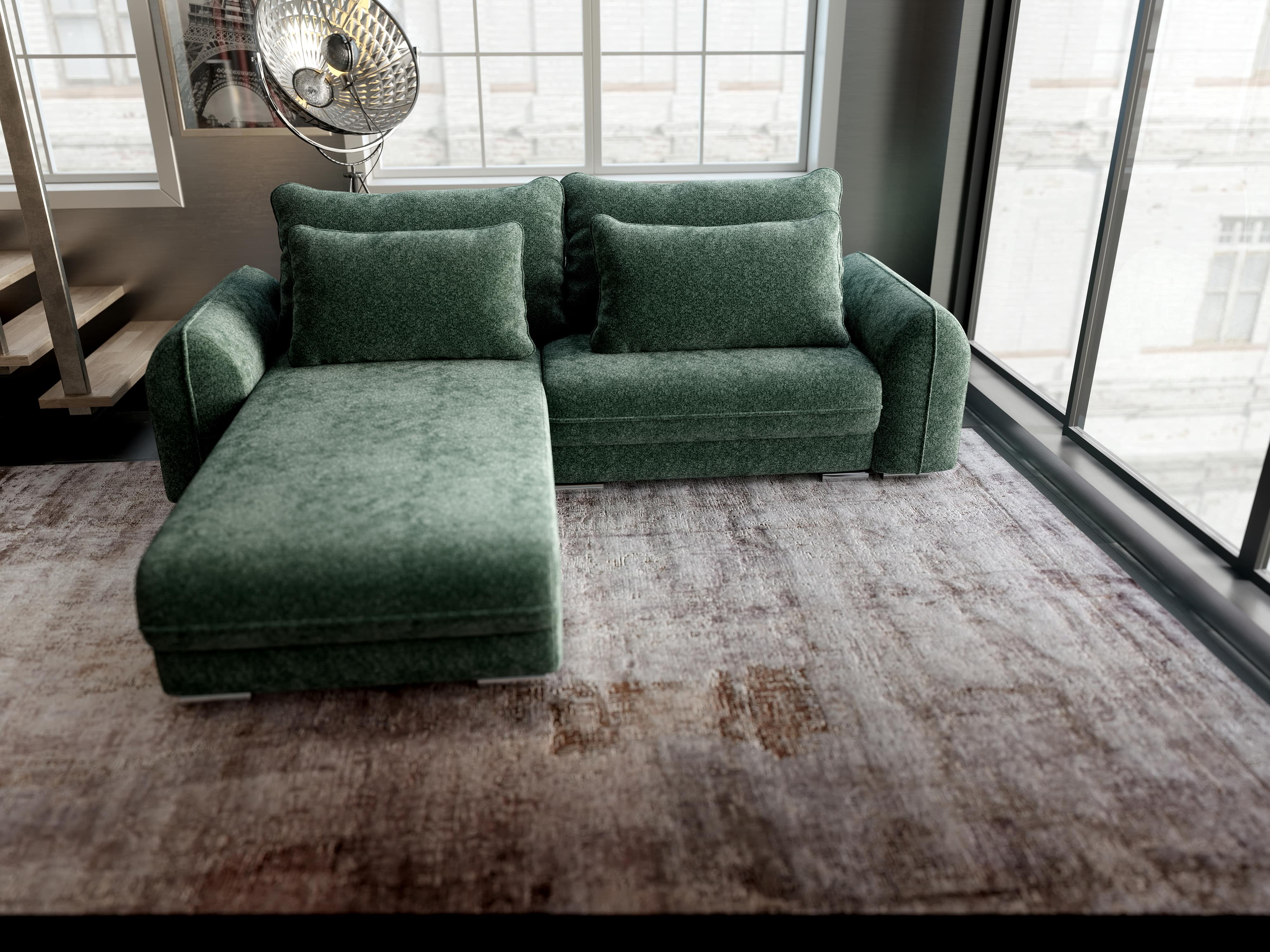 Colțar extensibil dumonde cu ladă de depozitare si sezut confortabil din spuma HR, Denver Euphoria Verde 275x185 cm Fabrica