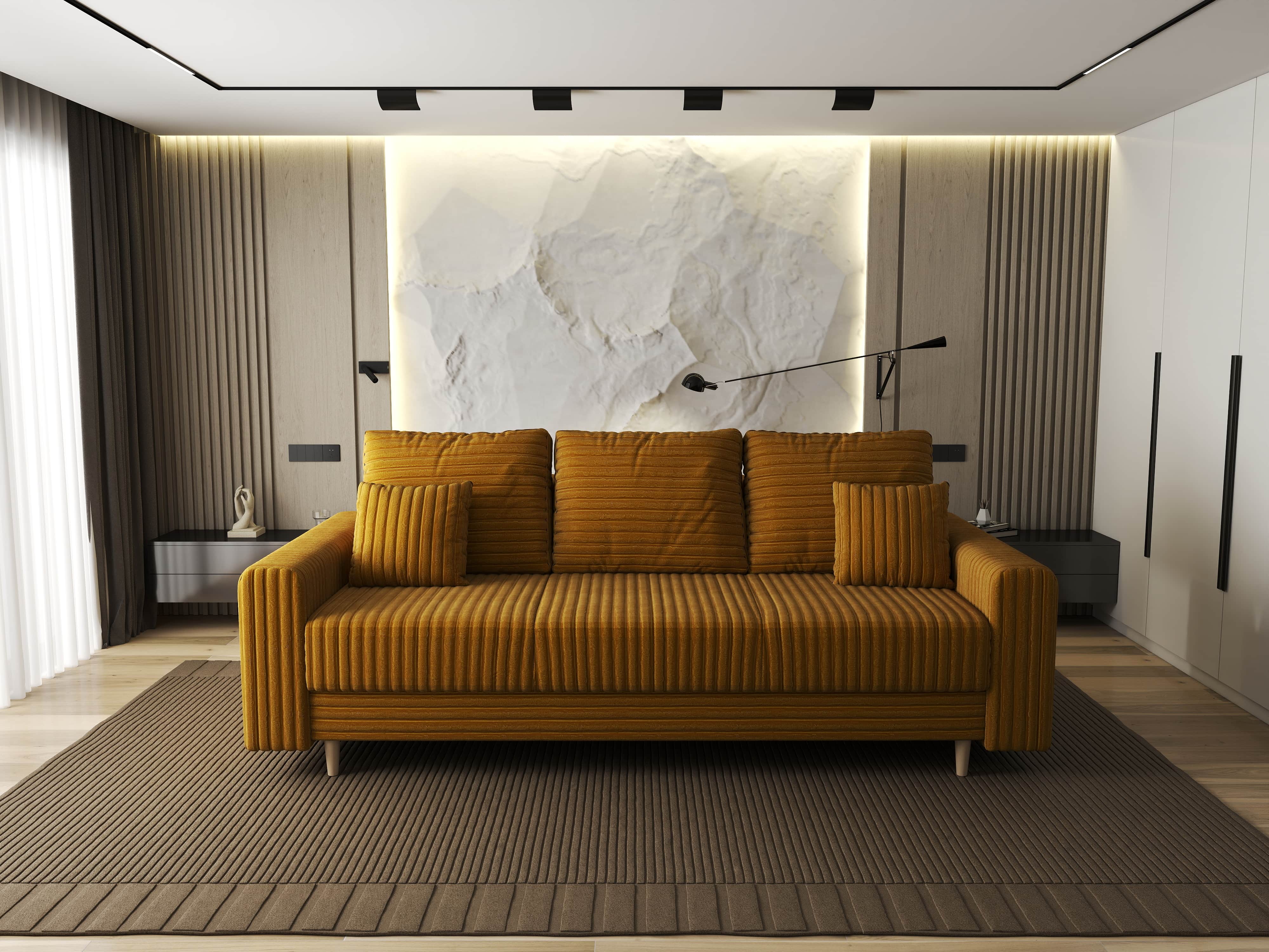 Canapea extensibilă dumonde cu ladă de depozitare si sezut confortabil din spuma HR, Kronos Ambience Mustar 210x100 cm fabrica