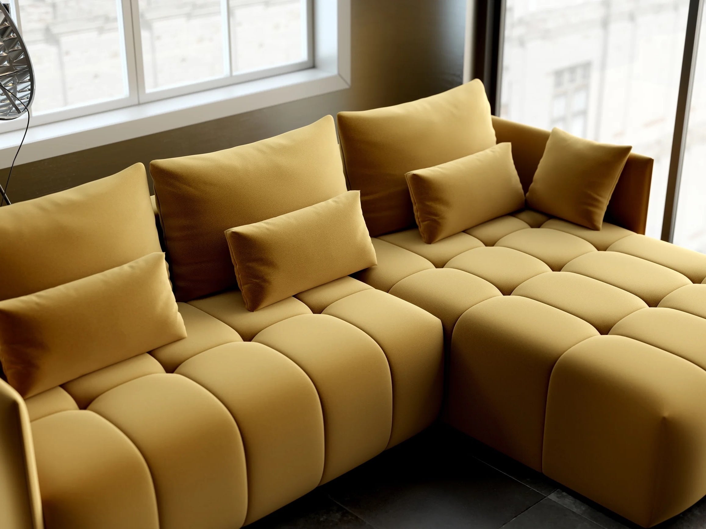 Colțar extensibil dumonde cu ladă de depozitare si sezut confortabil din spuma HR, Malta Royal Muștar II 235x185 cm Fabrica