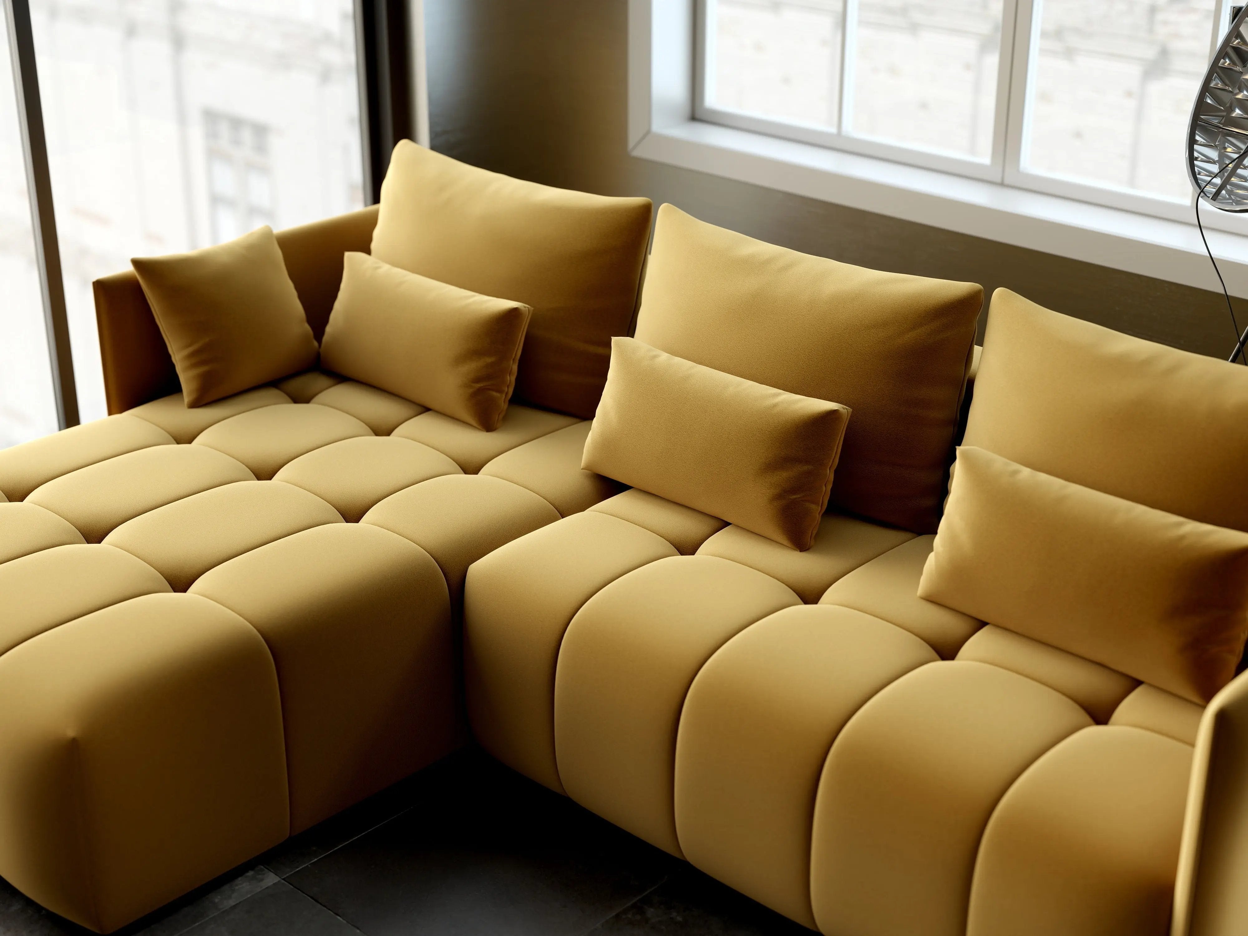 Colțar extensibil dumonde cu ladă de depozitare si sezut confortabil din spuma HR, Malta Royal Muștar 235x185 cm Fabrica