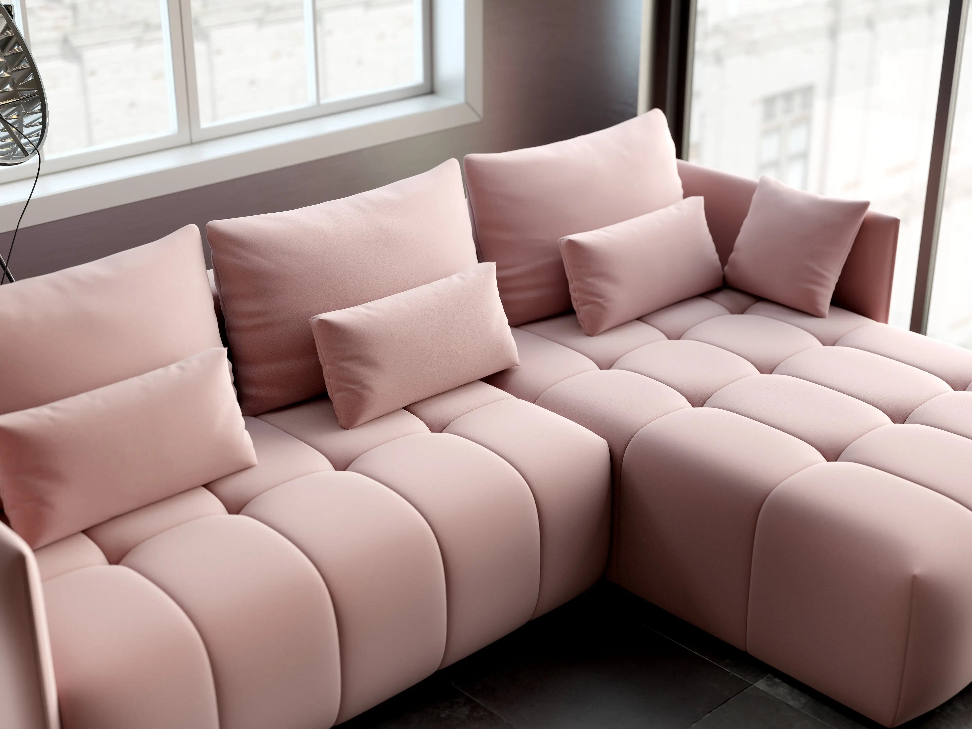 Colțar extensibil dumonde cu ladă de depozitare si sezut confortabil din spuma HR, Malta Roz Pudrat II 235x185 cm Fabrica