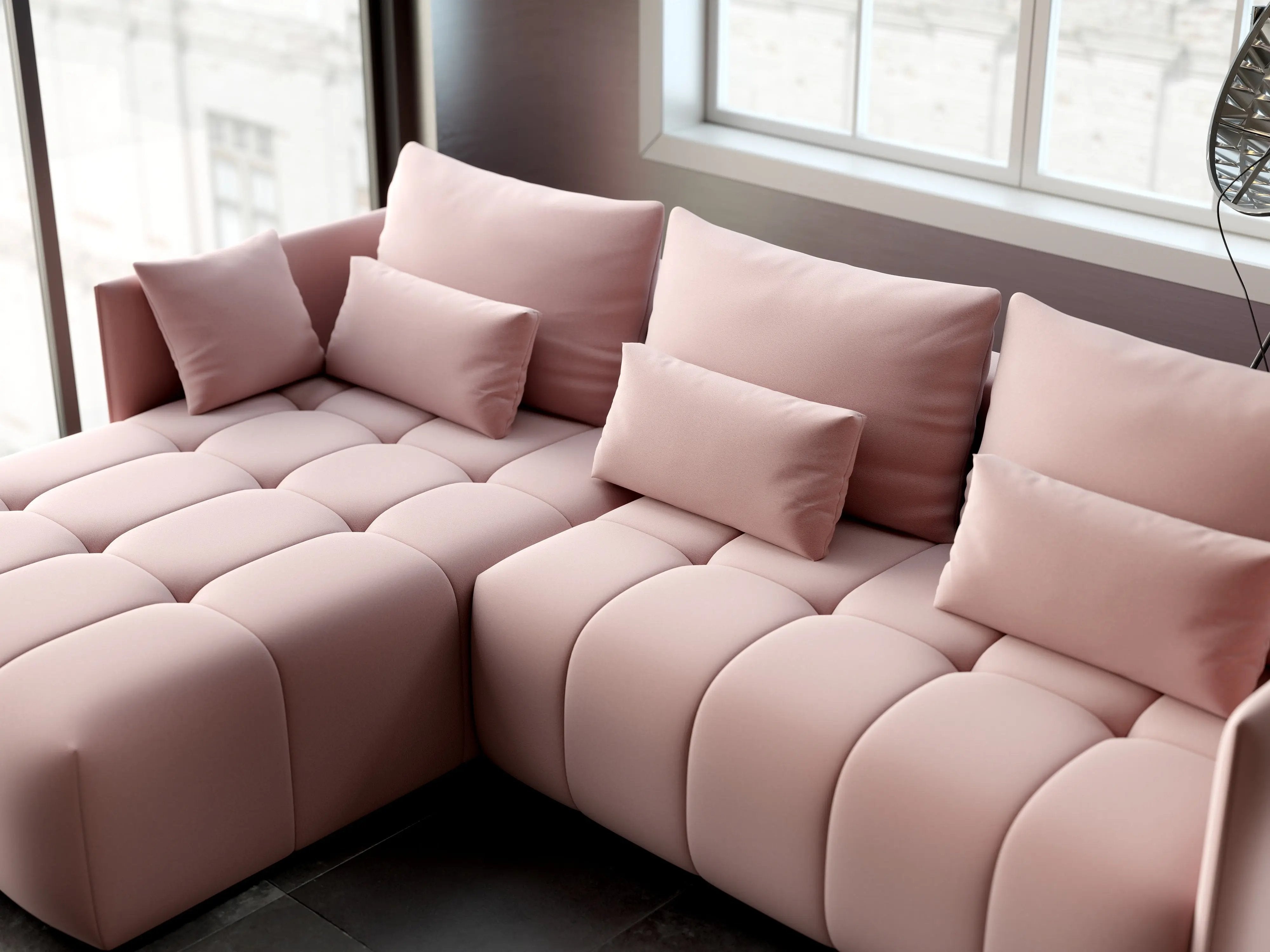 Colțar extensibil dumonde cu ladă de depozitare si sezut confortabil din spuma HR, Malta Royal Roz 235x185 cm Fabrica