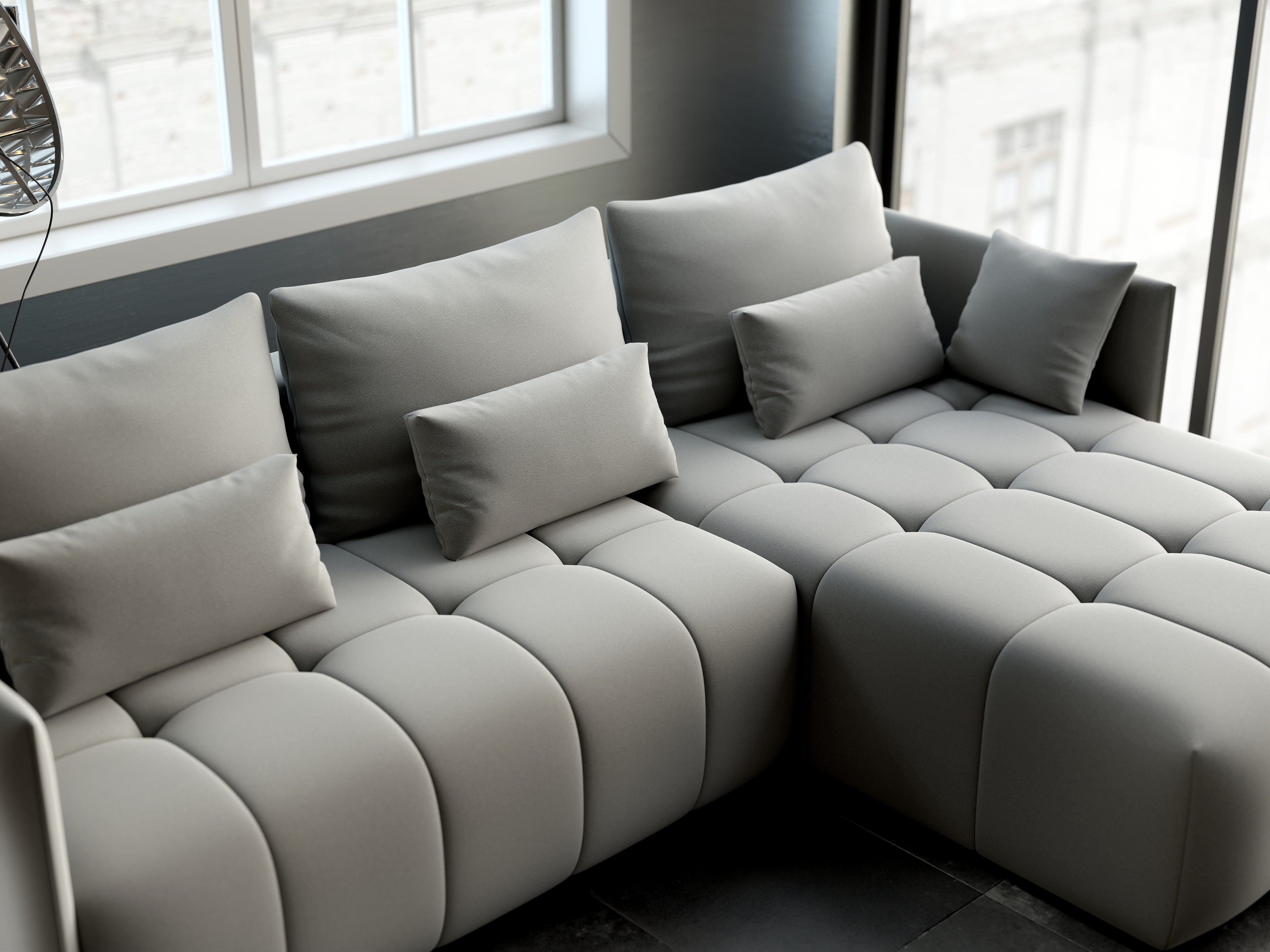 Colțar extensibil dumonde cu ladă de depozitare si sezut confortabil din spuma HR, Malta Royal Grey II 235x185 cm Fabrica