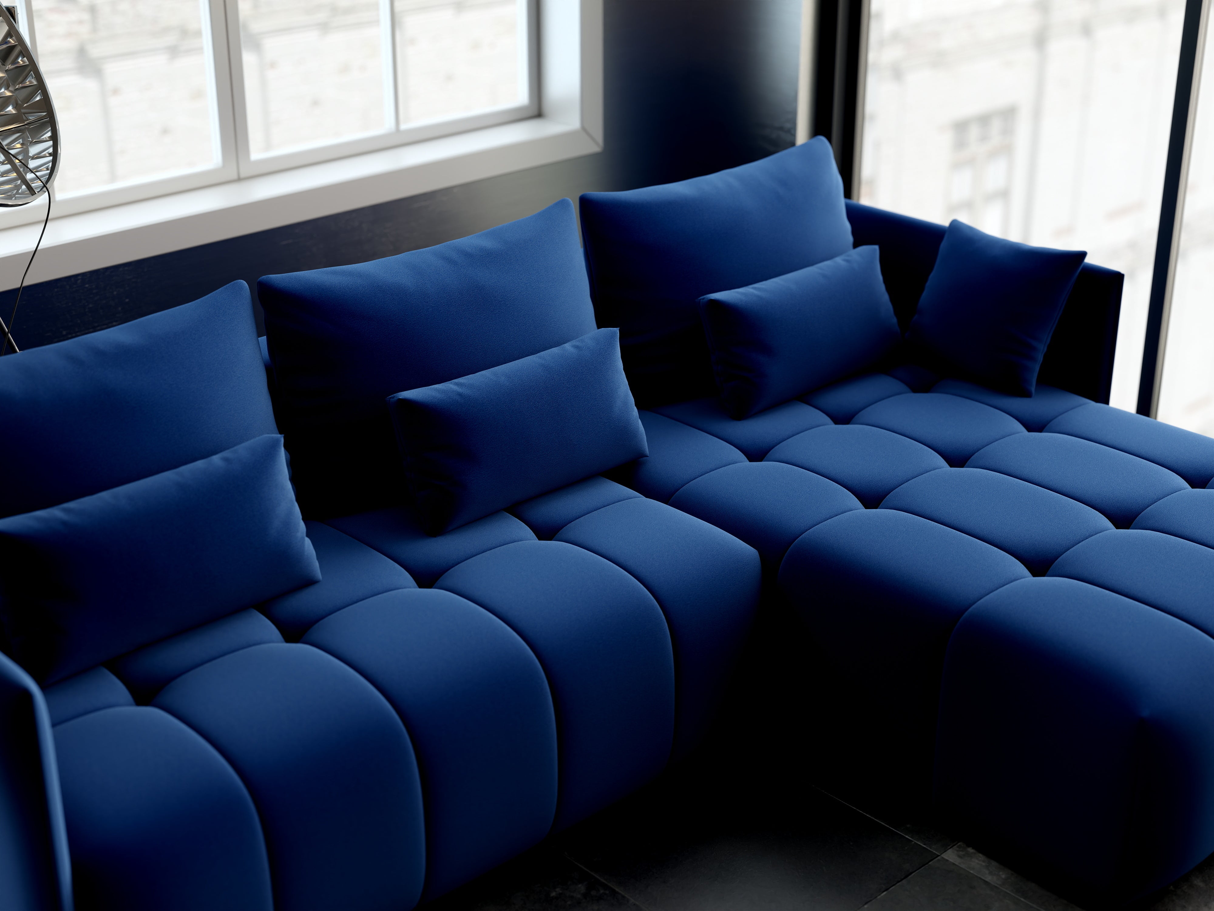 Colțar extensibil dumonde cu ladă de depozitare si sezut confortabil din spuma HR, Malta Royal Blue II 235x185 cm Fabrica