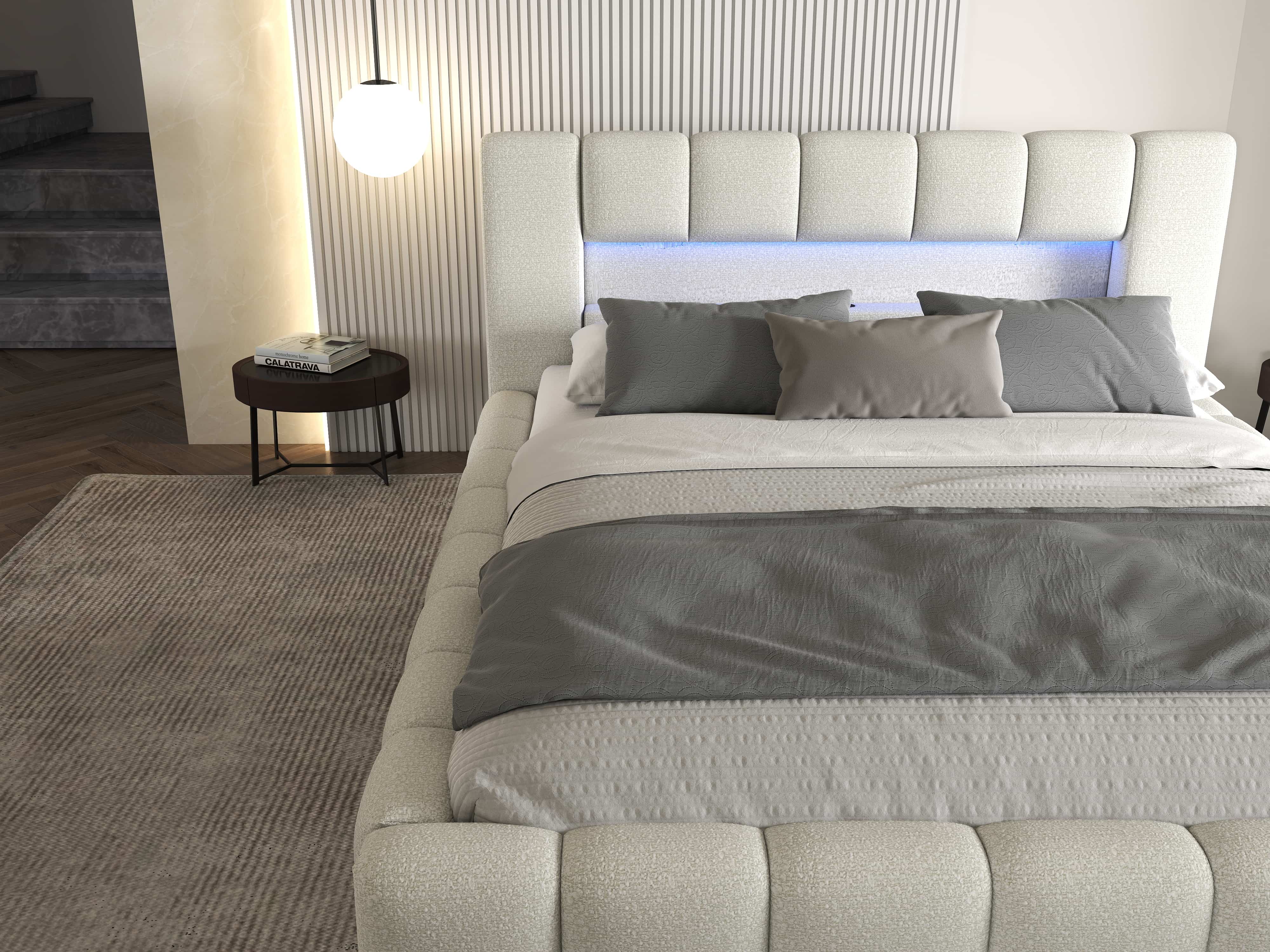 Pat dormitor dumonde, tapitat bej cu LED si USB, Palermo 160x200 cm, somiera rabatabila inclusa, spatiu depozitare WLS