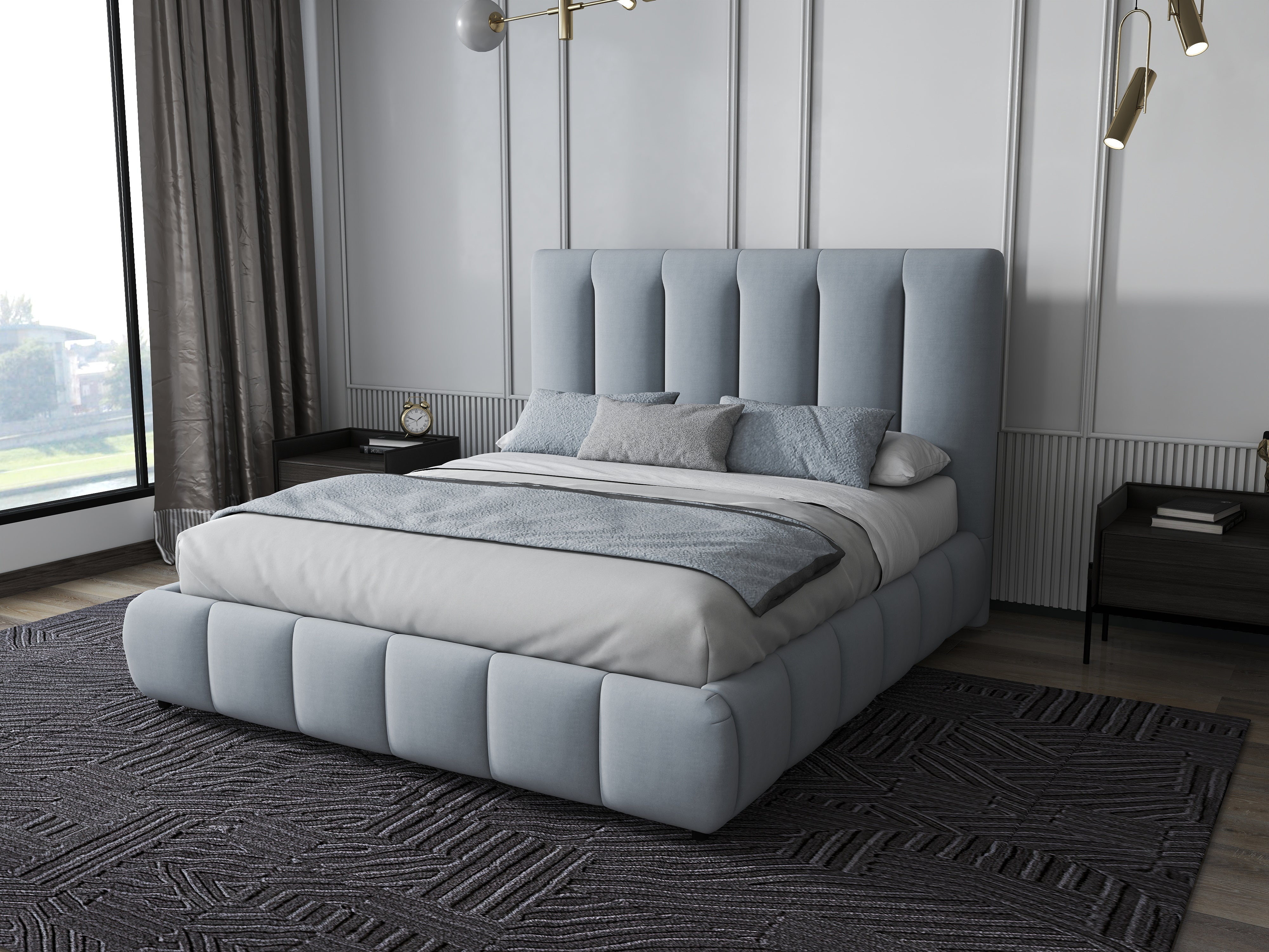 Pat dormitor dumonde, tapitat gri, Divaneo 160x200 cm, somiera rabatabila inclusa, spatiu depozitare WLS