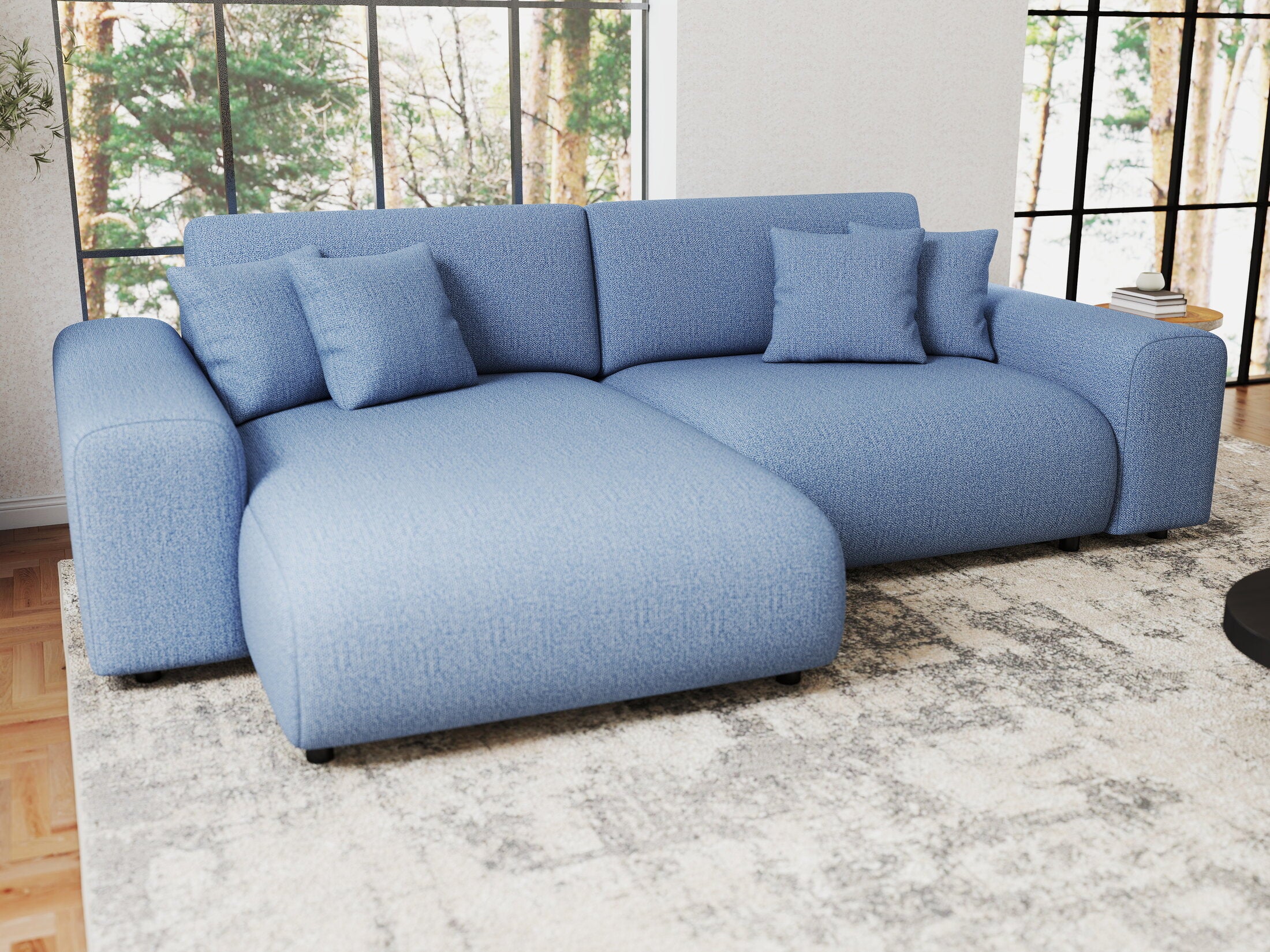 Colțar extensibil dumonde cu ladă de depozitare si sezut confortabil din spuma HR, Sarina Enjoy Albastru 255x168 cm