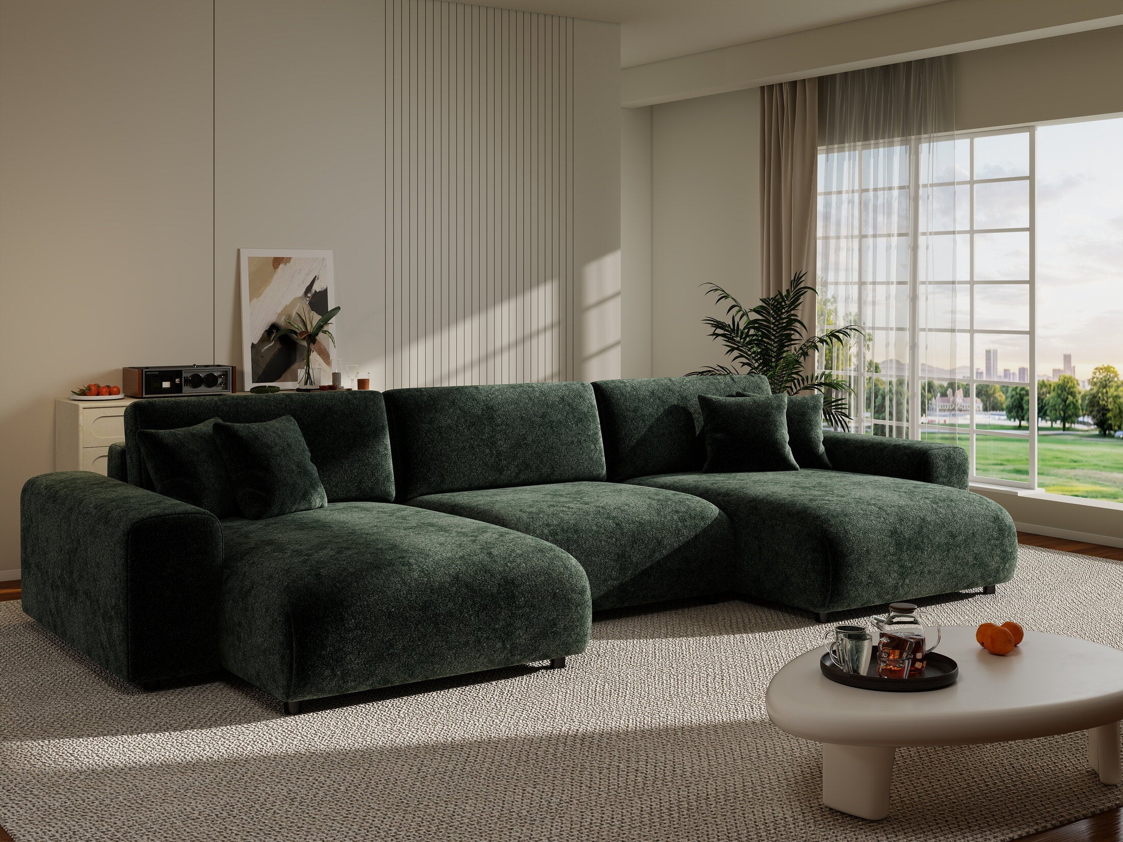 Colțar extensibil dumonde cu ladă de depozitare si sezut confortabil din spuma HR, Sarina U Euphoria Verde 350x168 cm