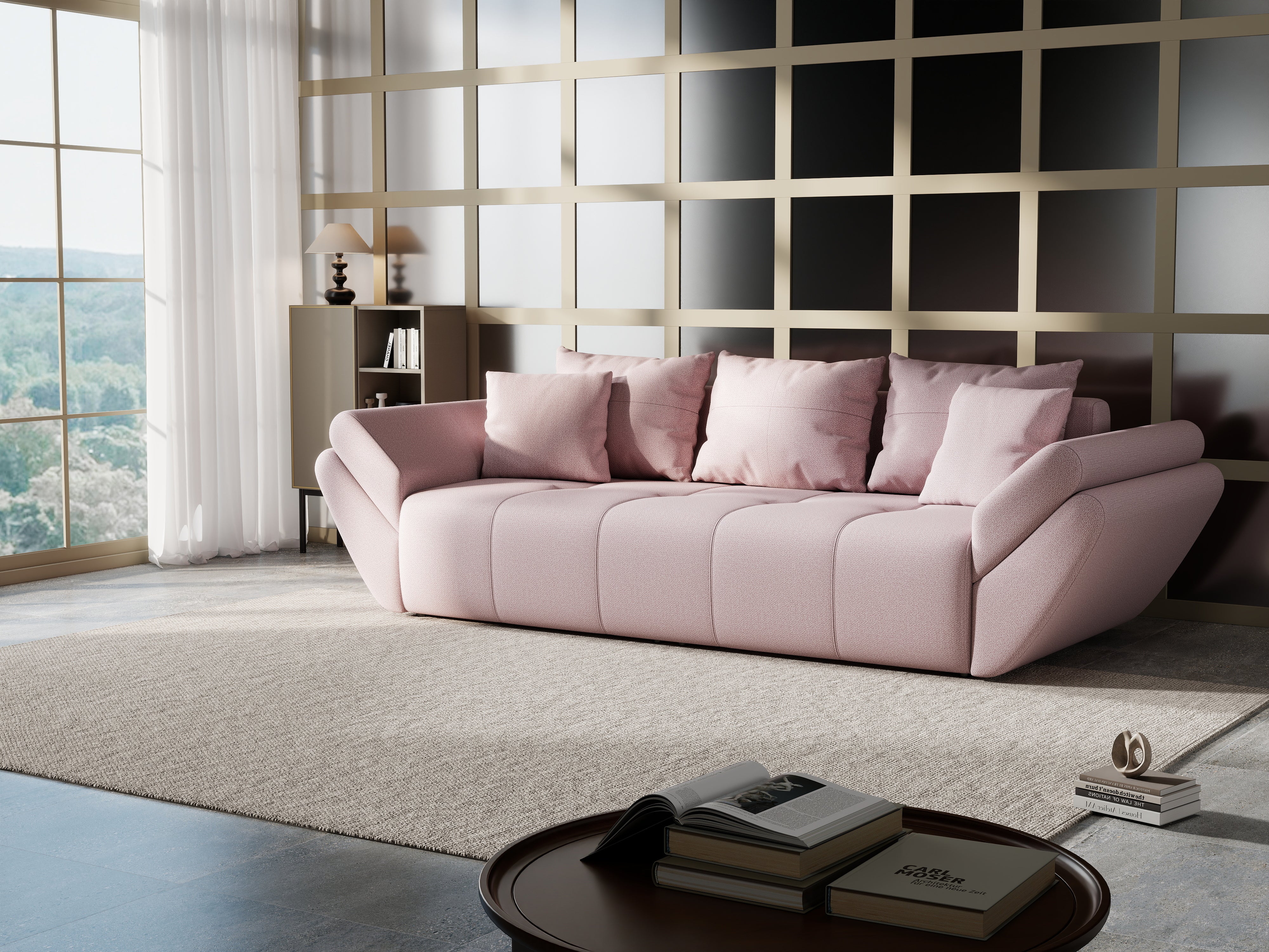 Canapea extensibilă dumonde cu ladă de depozitare si sezut confortabil din spuma HR, Berlin Enjoy Flamingo 250x100 cm Fabrica