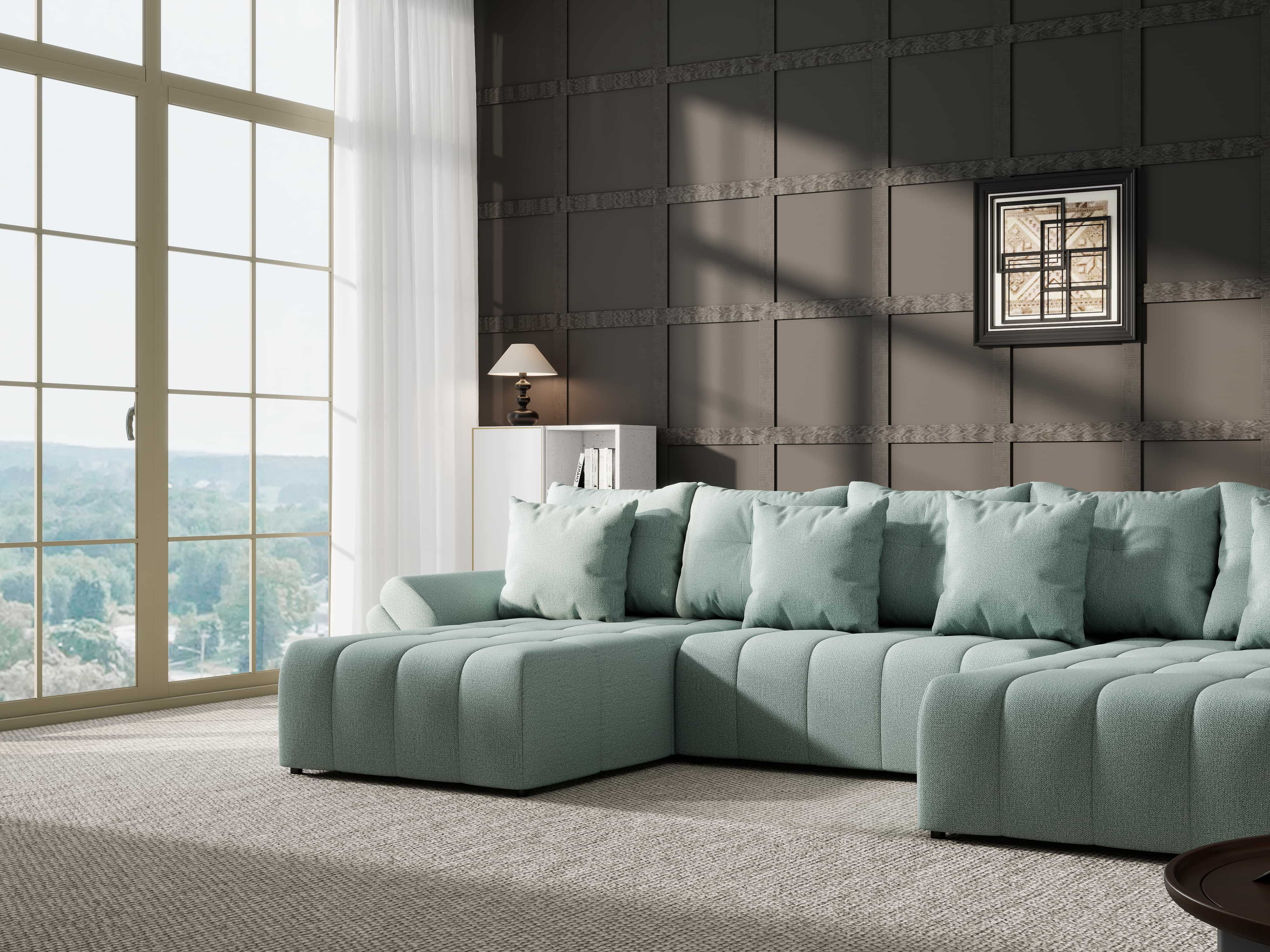 Colțar extensibil dumonde cu ladă de depozitare si sezut confortabil din spuma HR, Berlin U Enjoy Mint 380x180 cm Fabrica