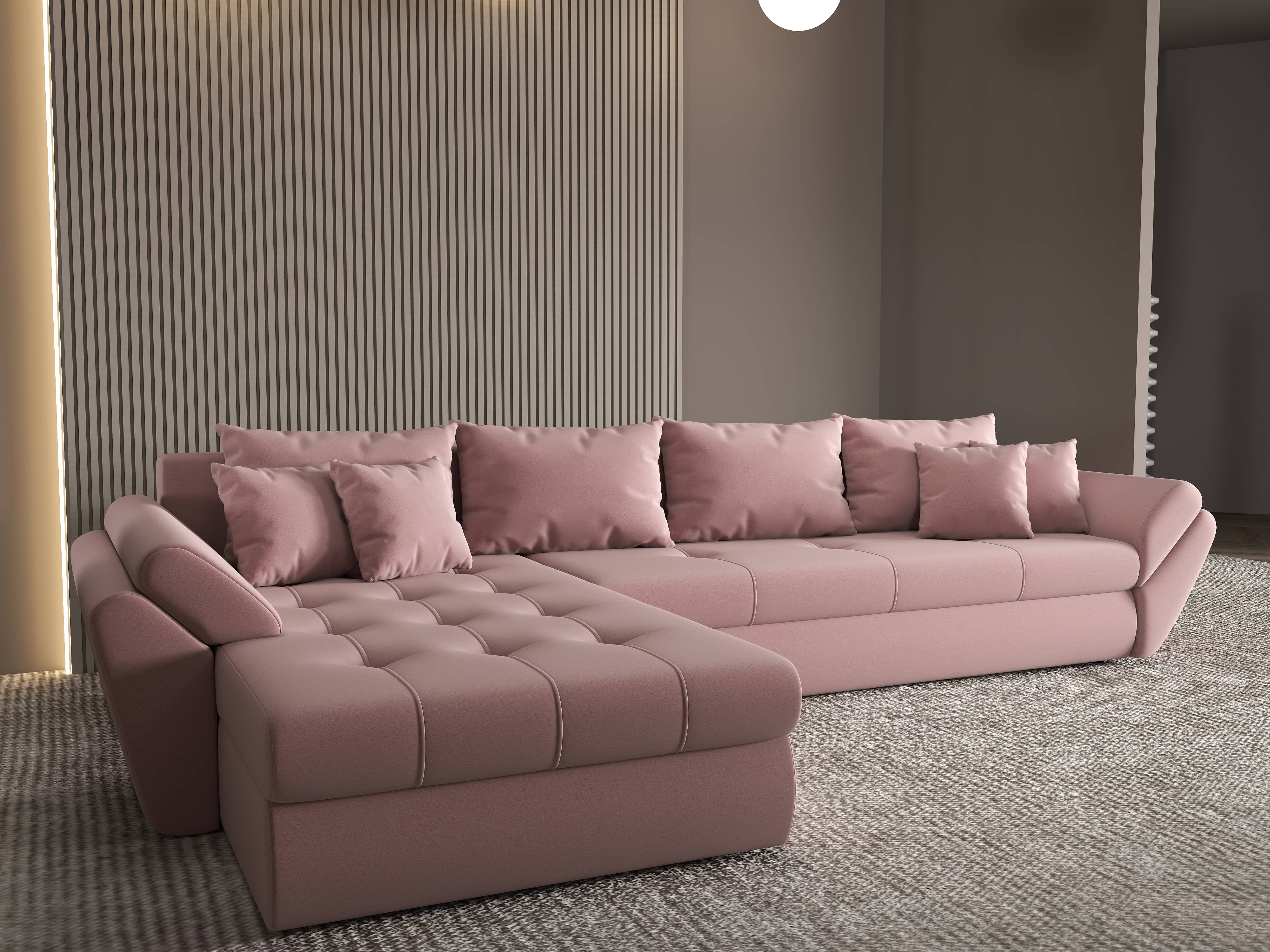 Colțar extensibil dumonde cu ladă de depozitare si sezut confortabil din spuma HR, Loana XL Royal Roz 335x185 cm Fabrica