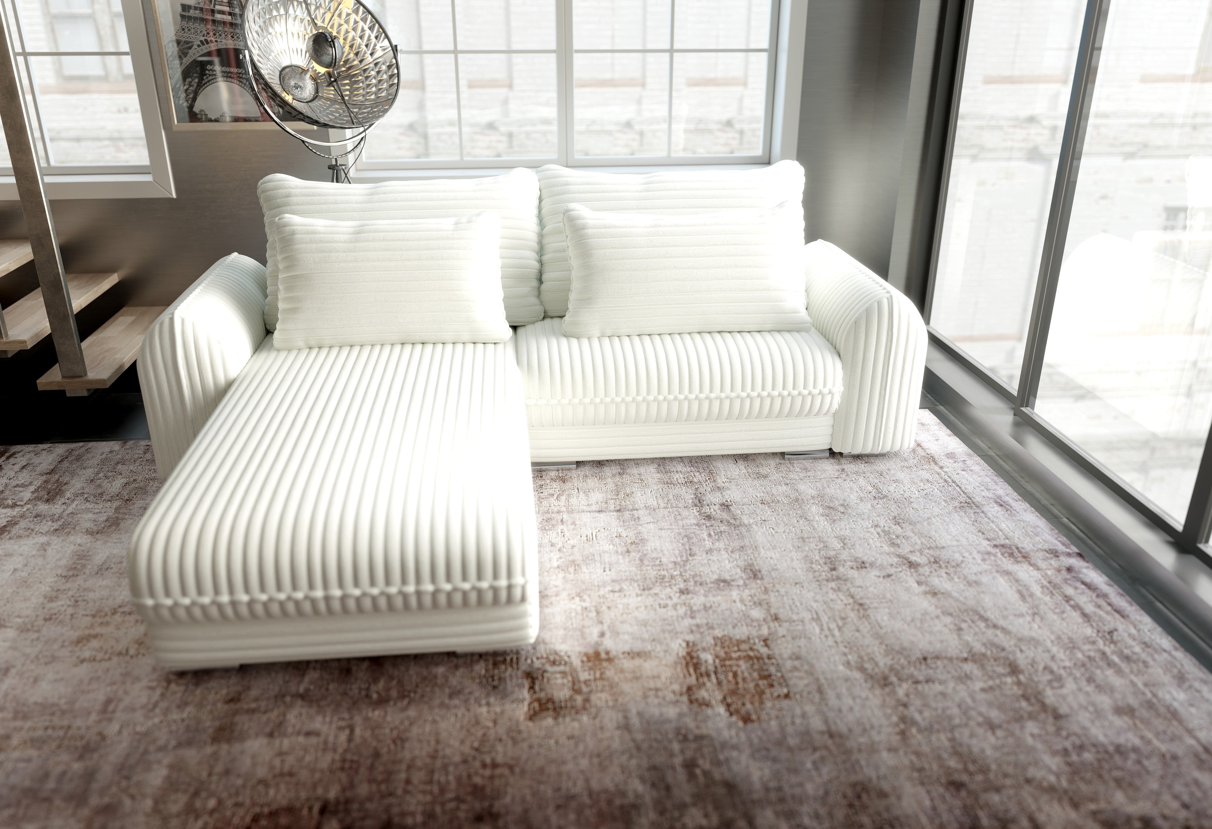 Colțar extensibil dumonde cu ladă de depozitare si sezut confortabil din spuma HR, Denver Ambience Ivory 275x185 cm Fabrica