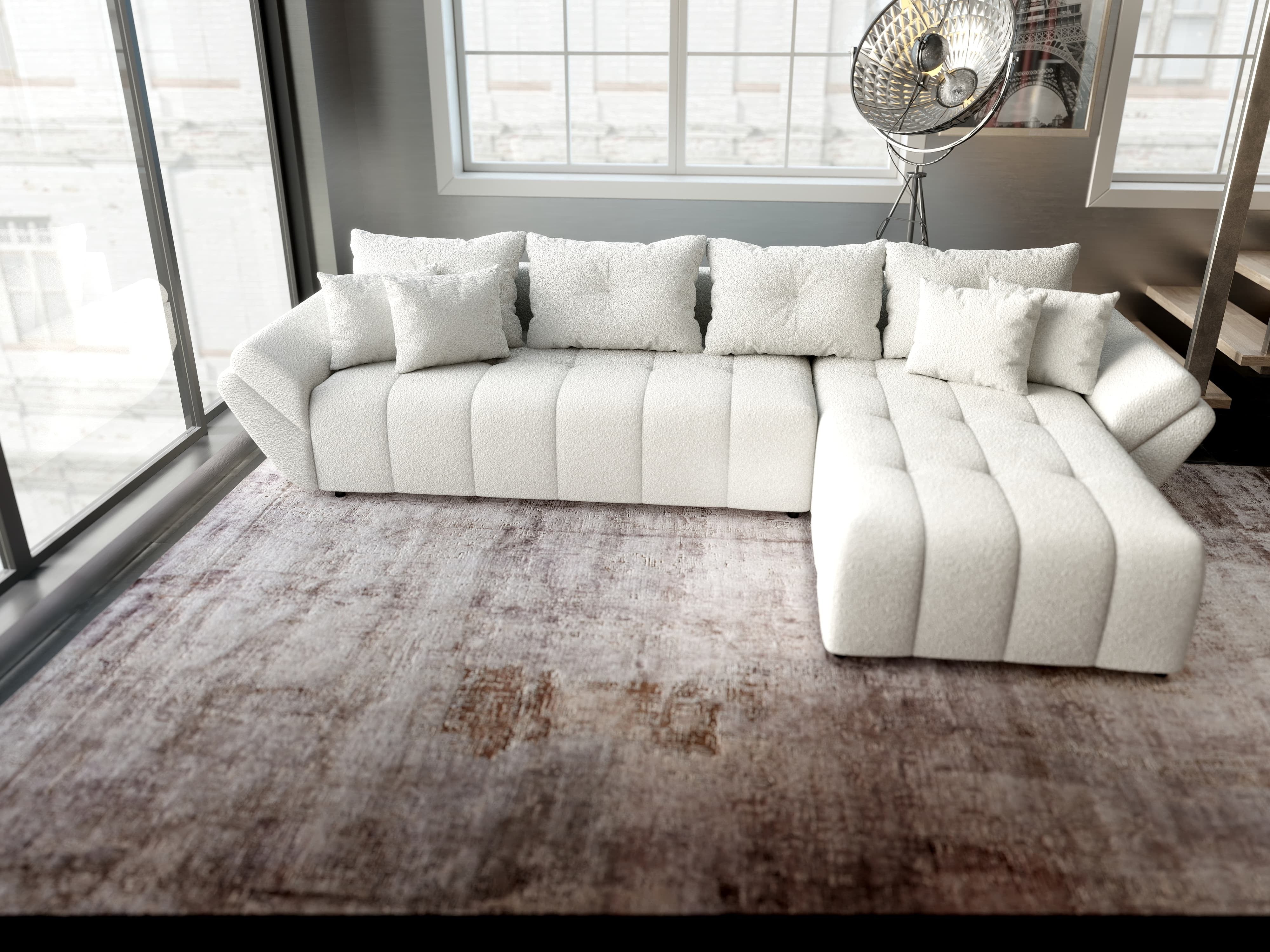 Colțar extensibil dumonde cu ladă de depozitare si sezut confortabil din spuma HR, Berlin XL Euphoria Ivory 350x185 cm II Fabrica