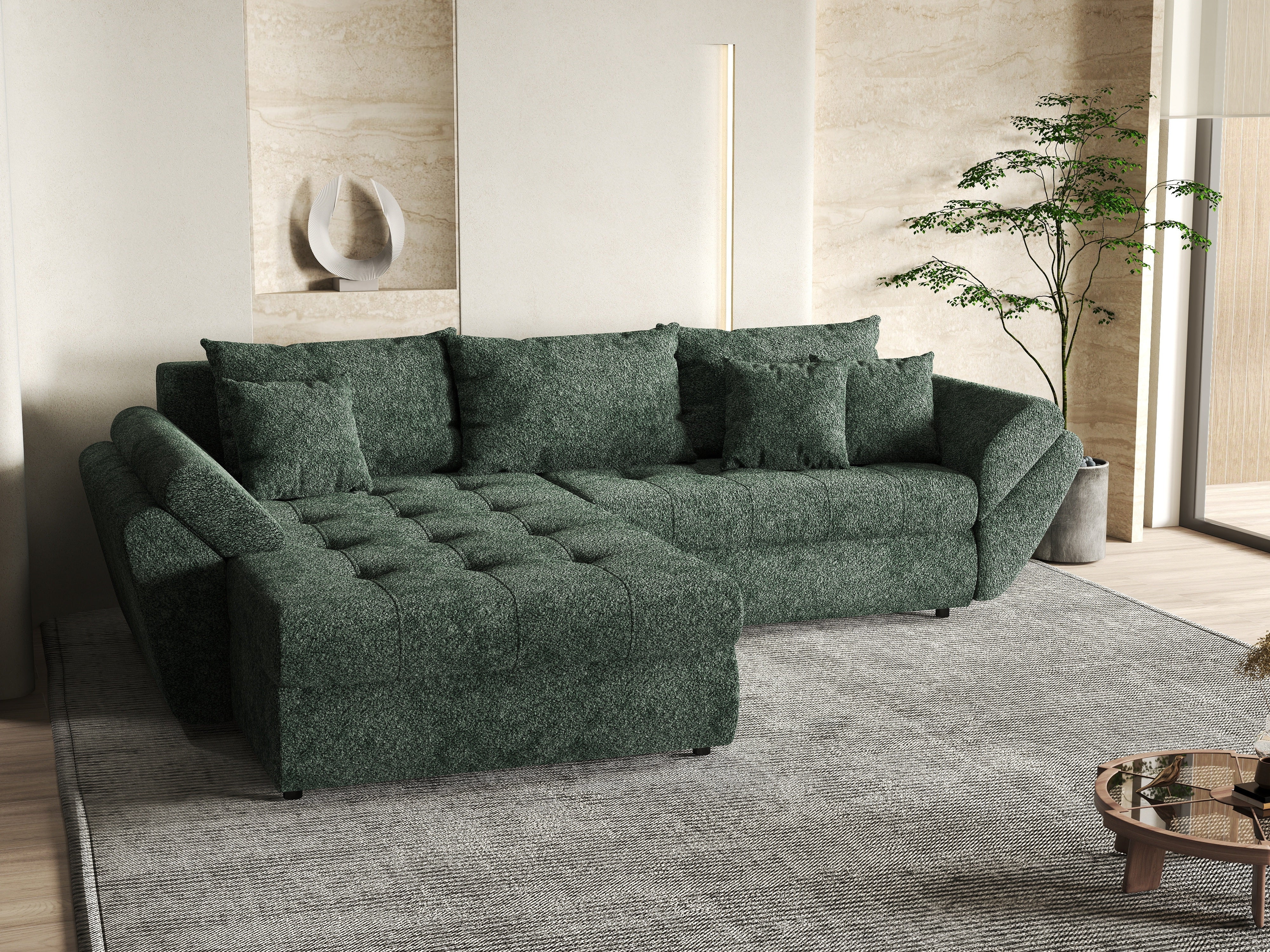 Colțar extensibil dumonde cu ladă de depozitare si sezut confortabil din spuma HR, Loana Euphoria Green 270x185 cm Fabrica