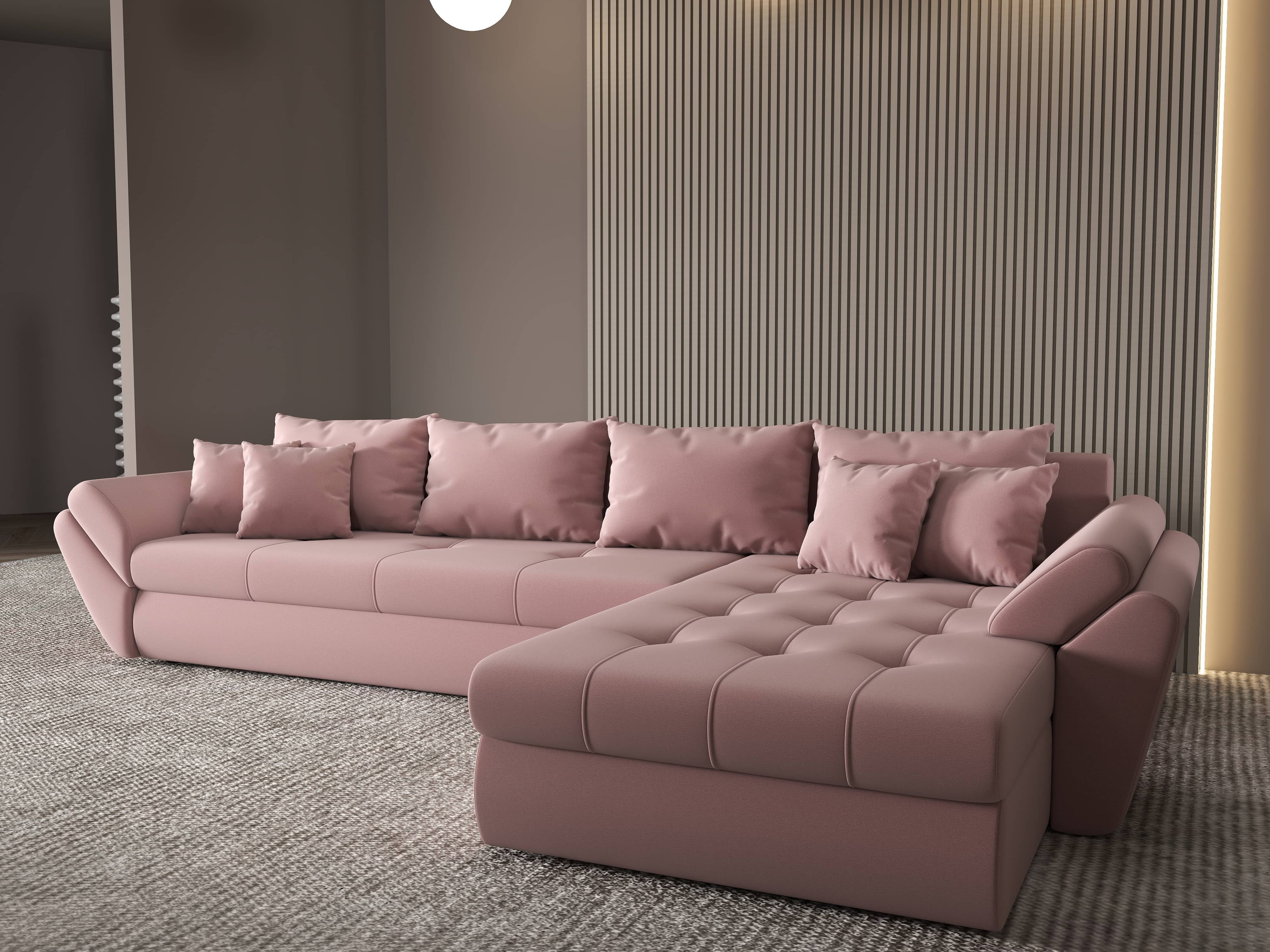 Colțar extensibil dumonde cu ladă de depozitare si sezut confortabil din spuma HR, Loana XL Royal Roz II 335x185 cm Fabrica