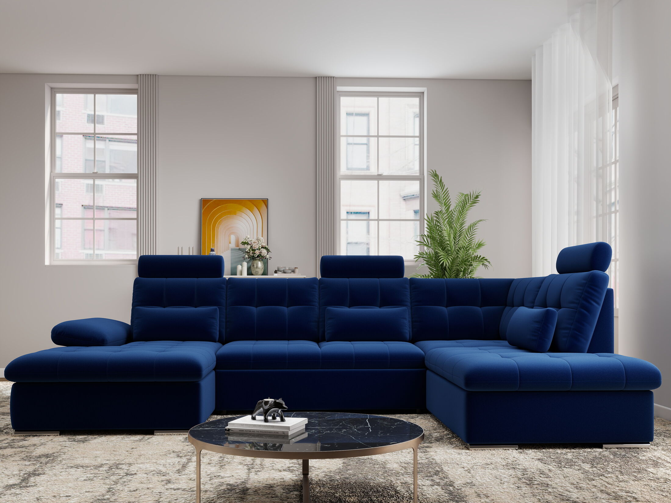 Colțar extensibil dumonde cu ladă de depozitare și șezut confortabil din spumă HR, Merkur U Royal Albastru Navy 324x218 cm