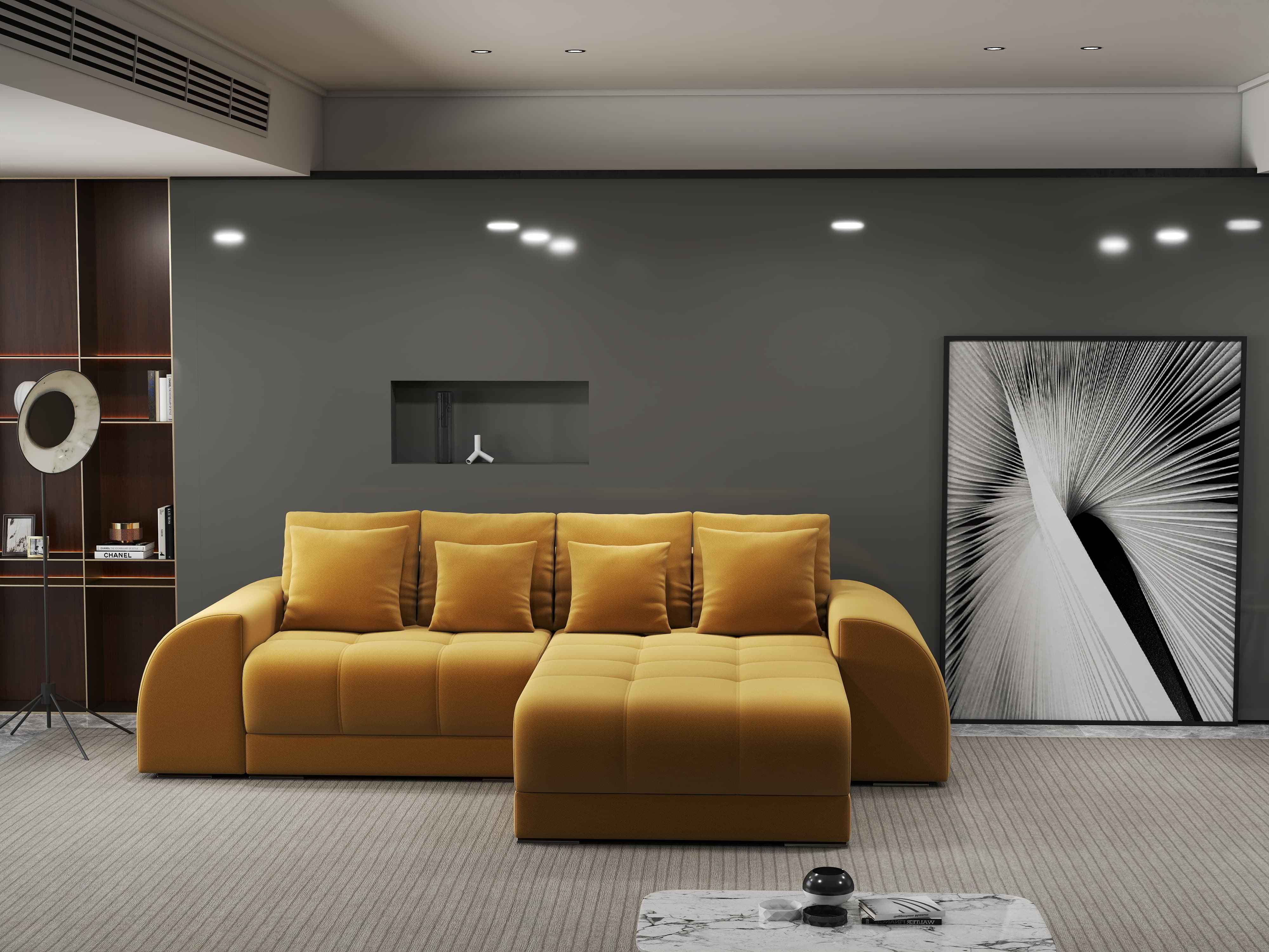 Colțar extensibil dumonde cu ladă de depozitare si sezut confortabil din spuma HR, Verona Royal Mustar II 290x185 cm Fabrica