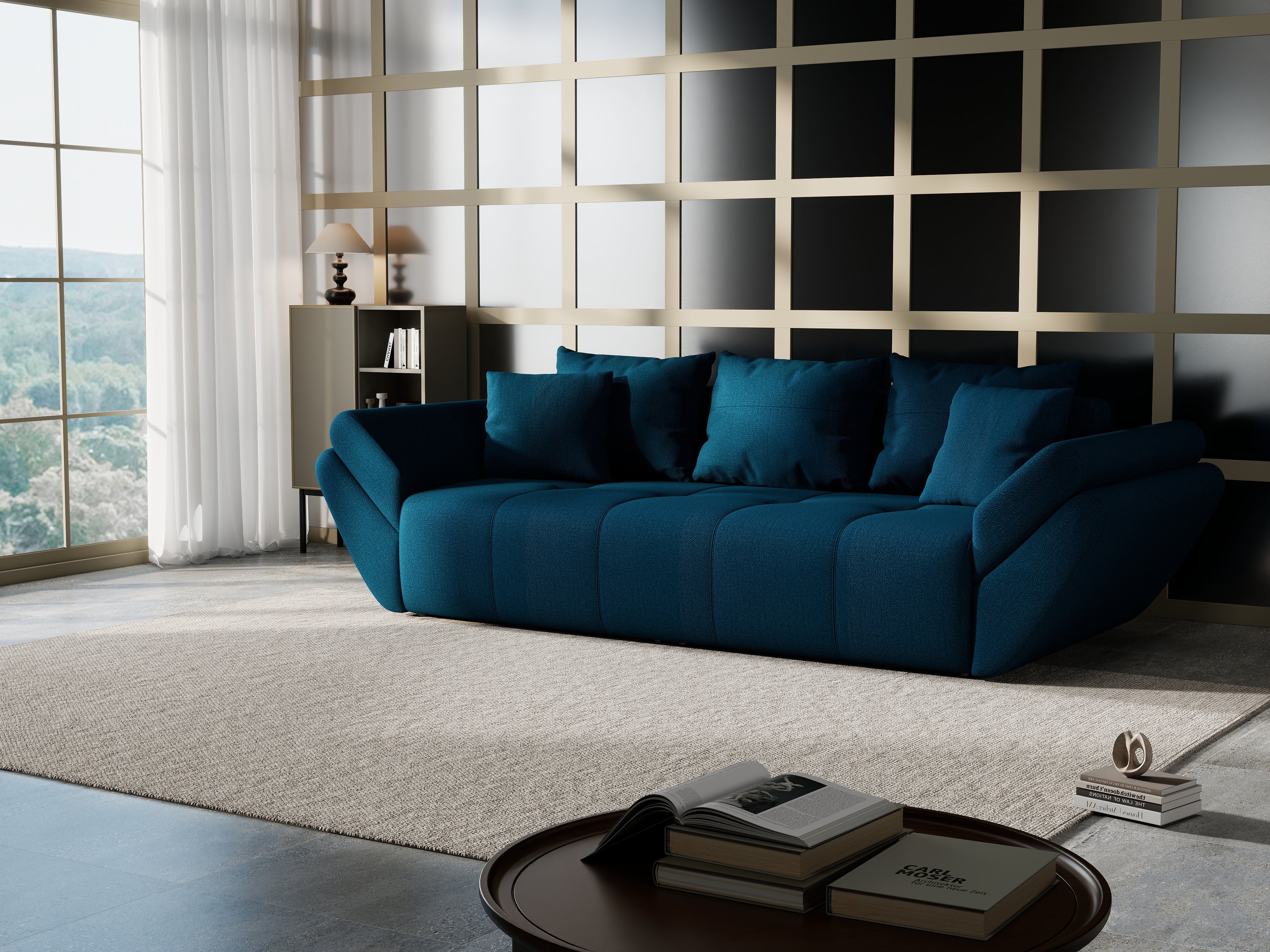 Canapea extensibilă dumonde cu ladă de depozitare si sezut confortabil din spuma HR, Berlin Enjoy Petrol 250x100 cm Fabrica