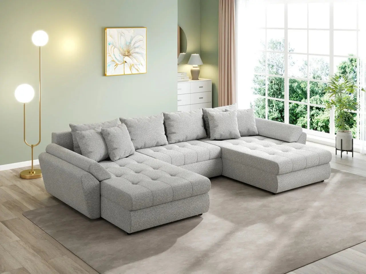 Colțar extensibil dumonde cu ladă de depozitare si sezut confortabil din spuma HR, Loana U Euphoria Dove 355x185 cm Fabrica