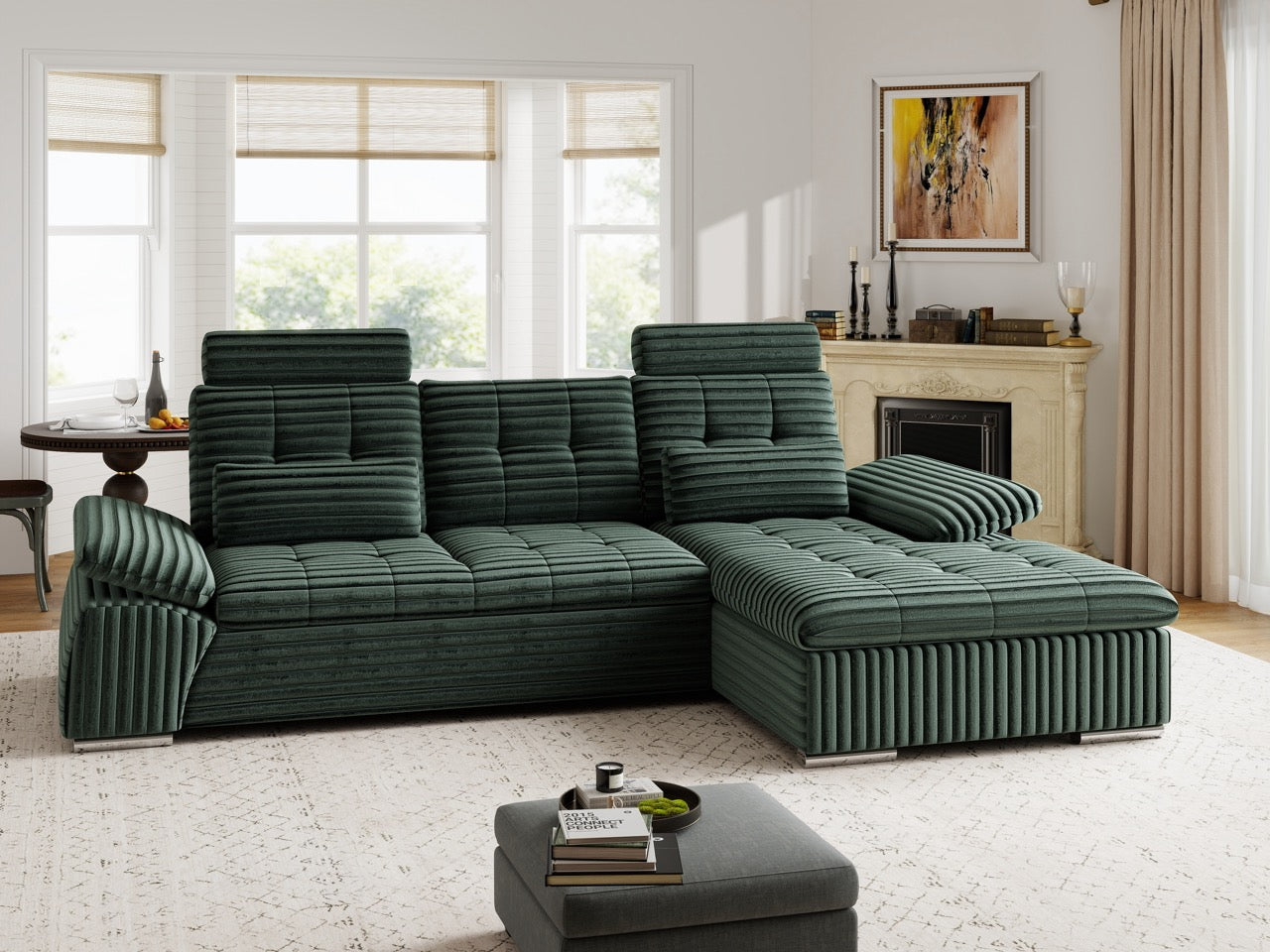 Colțar extensibil dumonde cu ladă de depozitare și șezut confortabil din spumă HR, Merkur Ambience Verde 270x168 cm II