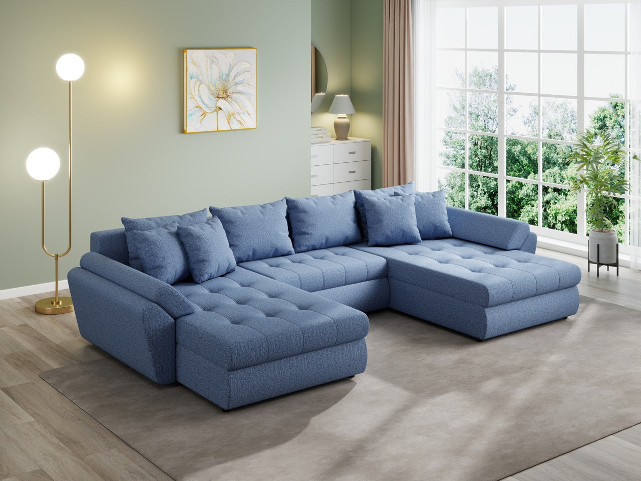 Colțar extensibil dumonde cu ladă de depozitare si sezut confortabil din spuma HR, Loana U Enjoy Blue 355x185 cm