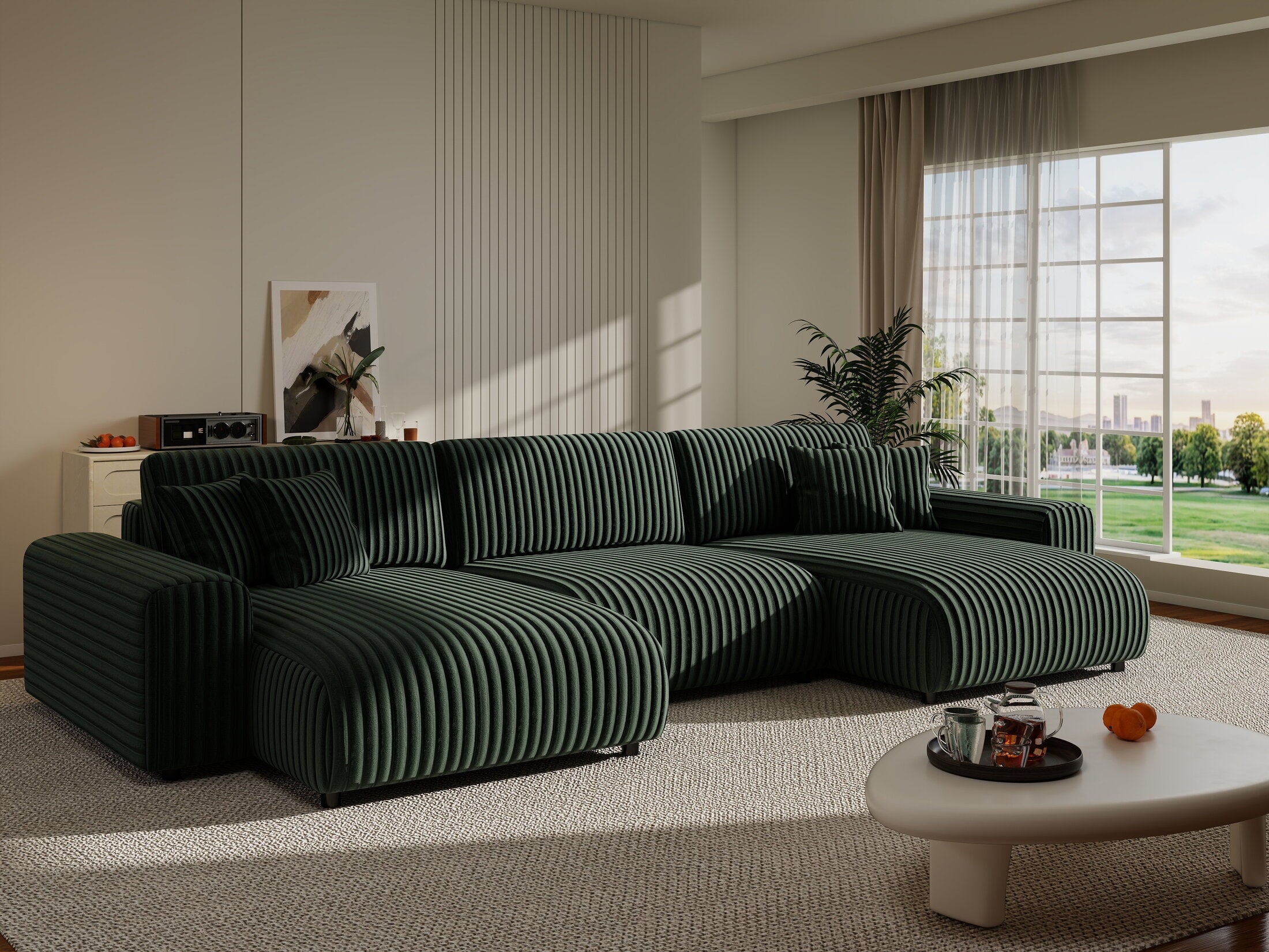 Colțar extensibil dumonde cu ladă de depozitare si sezut confortabil din spuma HR, Sarina U Ambience Verde 350x168 cm