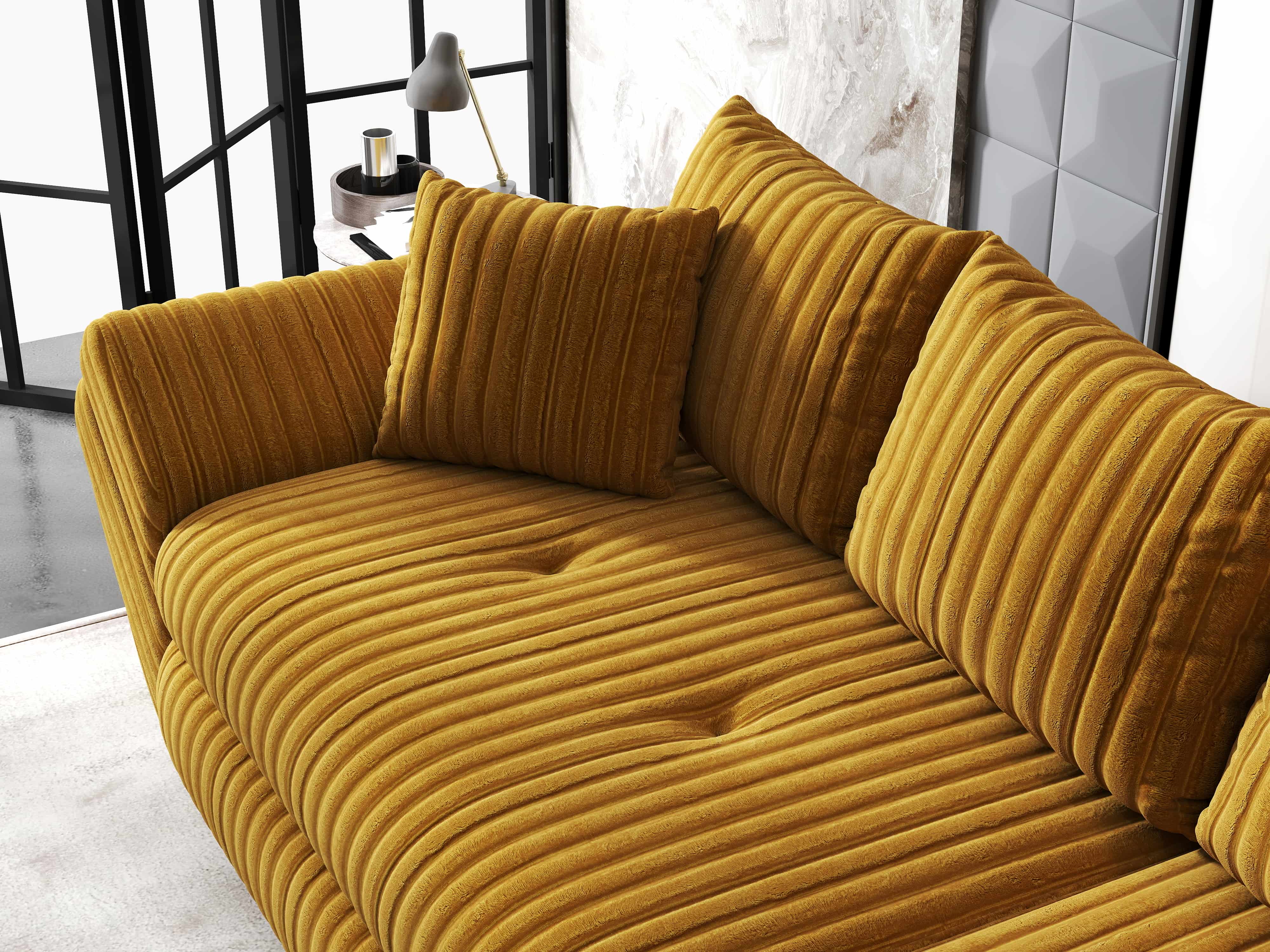 Canapea extensibilă dumonde cu ladă de depozitare si sezut confortabil din spuma HR, Loana Ambience Mustar 300x100 cm Fabrica