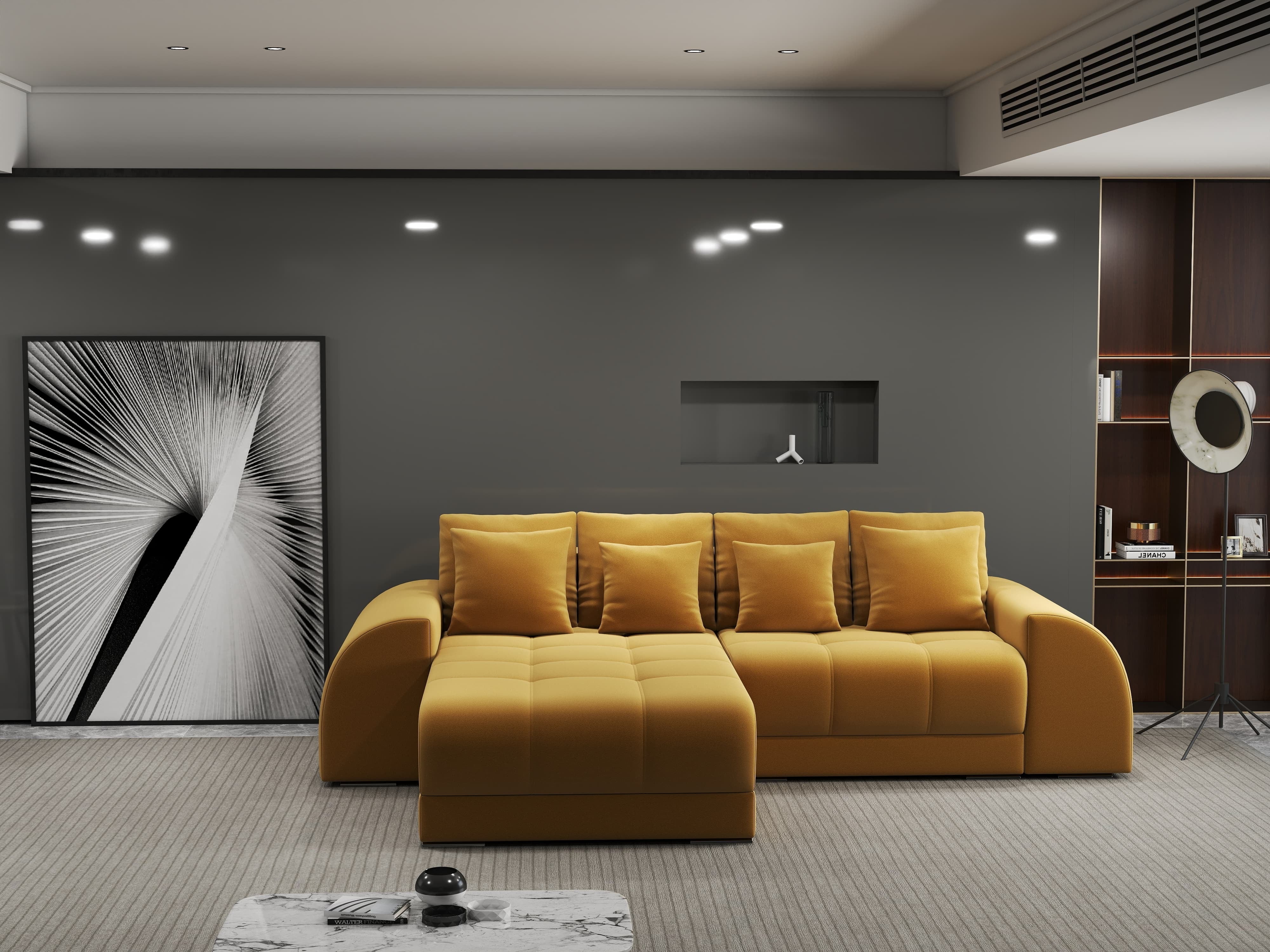 Colțar extensibil dumonde cu ladă de depozitare si sezut confortabil din spuma HR, Verona Royal Mustar 290x185 cm Fabrica