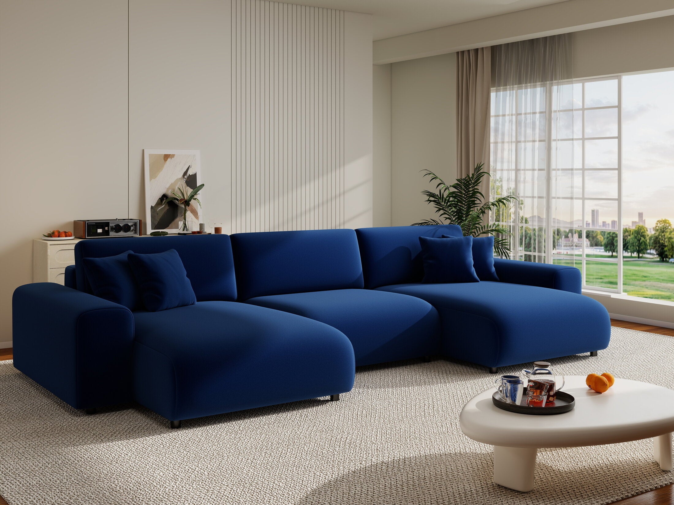 Colțar extensibil dumonde cu ladă de depozitare si sezut confortabil din spuma HR, Sarina U Royal Albastru Navy 350x168 cm