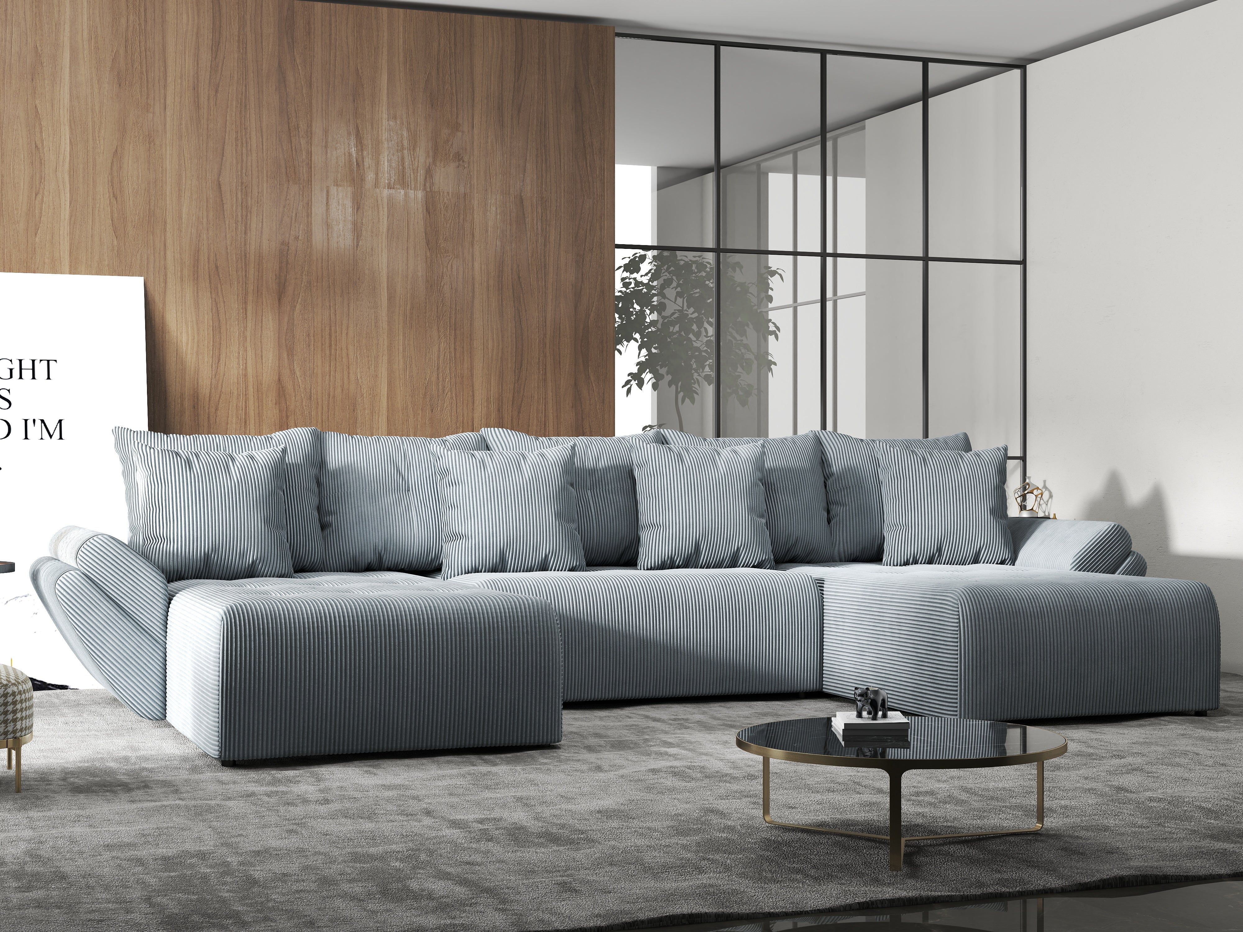 Colțar extensibil dumonde cu ladă de depozitare si sezut confortabil din spuma HR, Berlin U Zoom GREY 380x180 cm Fabrica