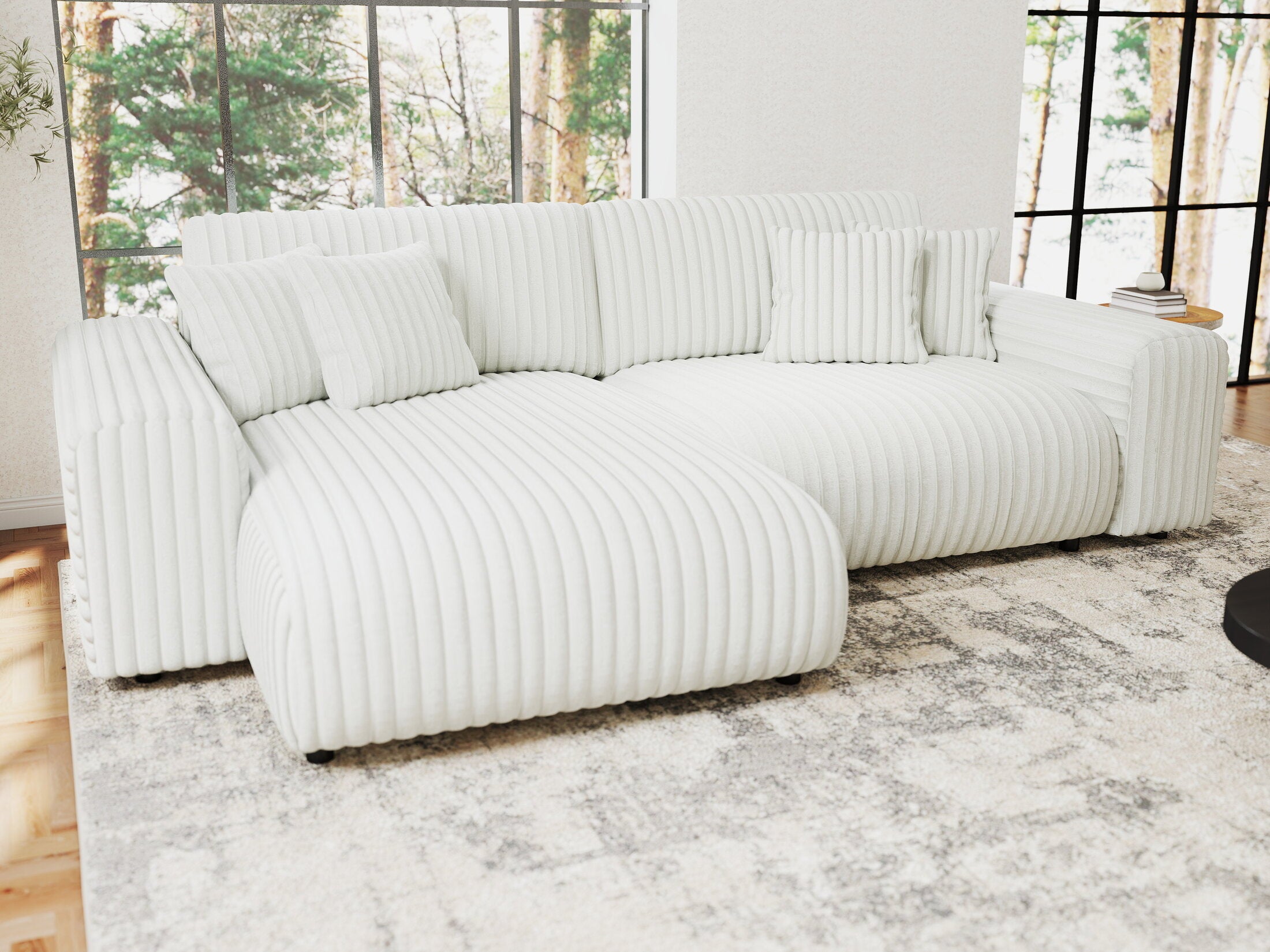 Colțar extensibil dumonde cu ladă de depozitare si sezut confortabil din spuma HR, Sarina Ambience Alb 255x168 cm