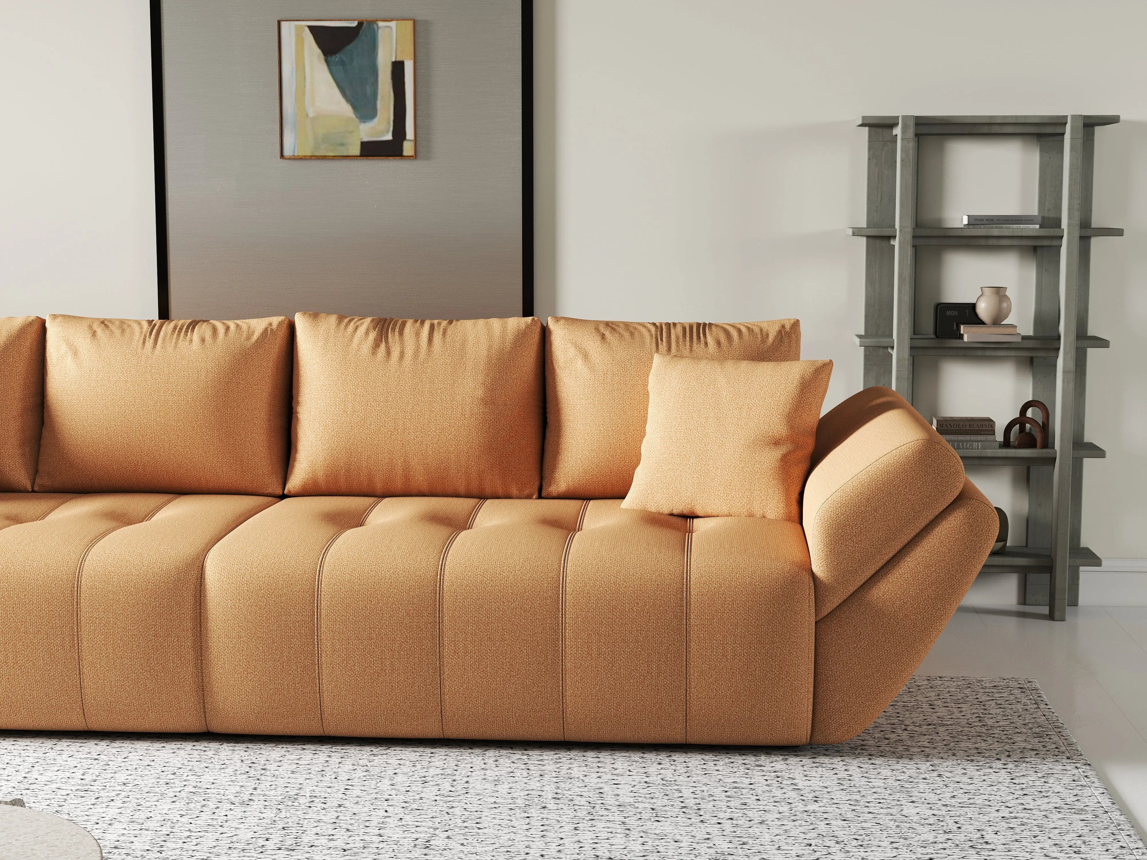 Canapea extensibilă dumonde cu ladă de depozitare si sezut confortabil din spuma HR, Berlin Enjoy Mango 300x100 cm Fabrica