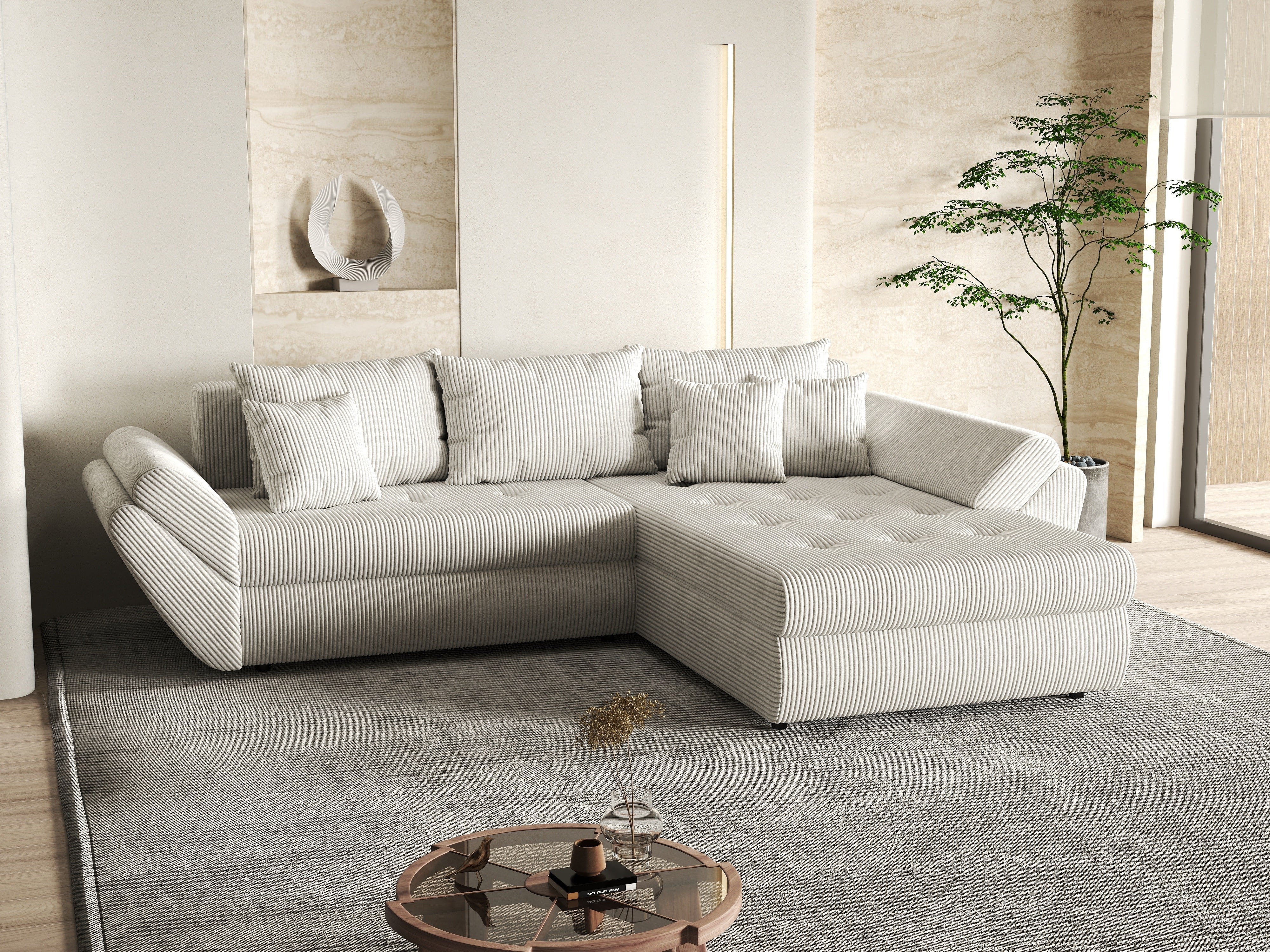 Colțar extensibil dumonde cu ladă de depozitare si sezut confortabil din spuma HR, Loana Zoom Crem II 270x185 cm Fabrica