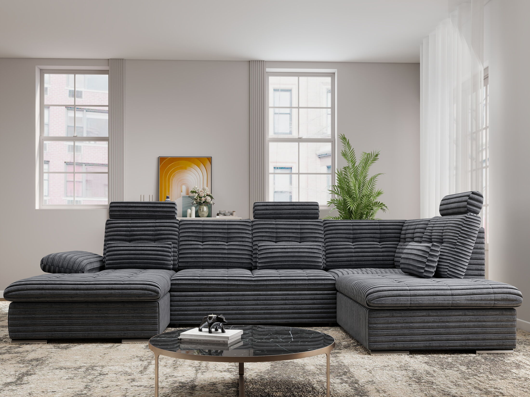 Colțar extensibil dumonde cu ladă de depozitare și șezut confortabil din spumă HR, Merkur U Ambience Gri 324x218 cm