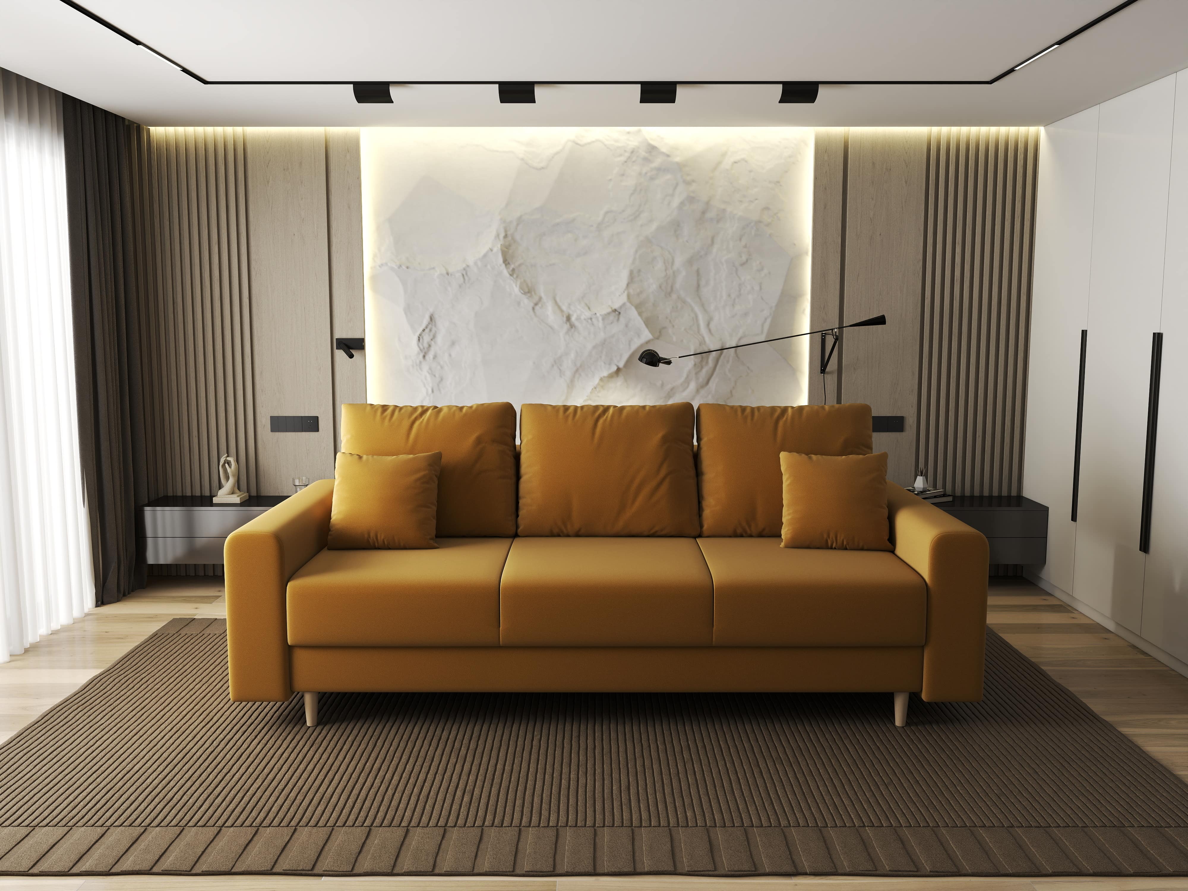 Canapea extensibilă dumonde cu ladă de depozitare si sezut confortabil din spuma HR, Kronos Royal Mustar 210x100 cm fabrica