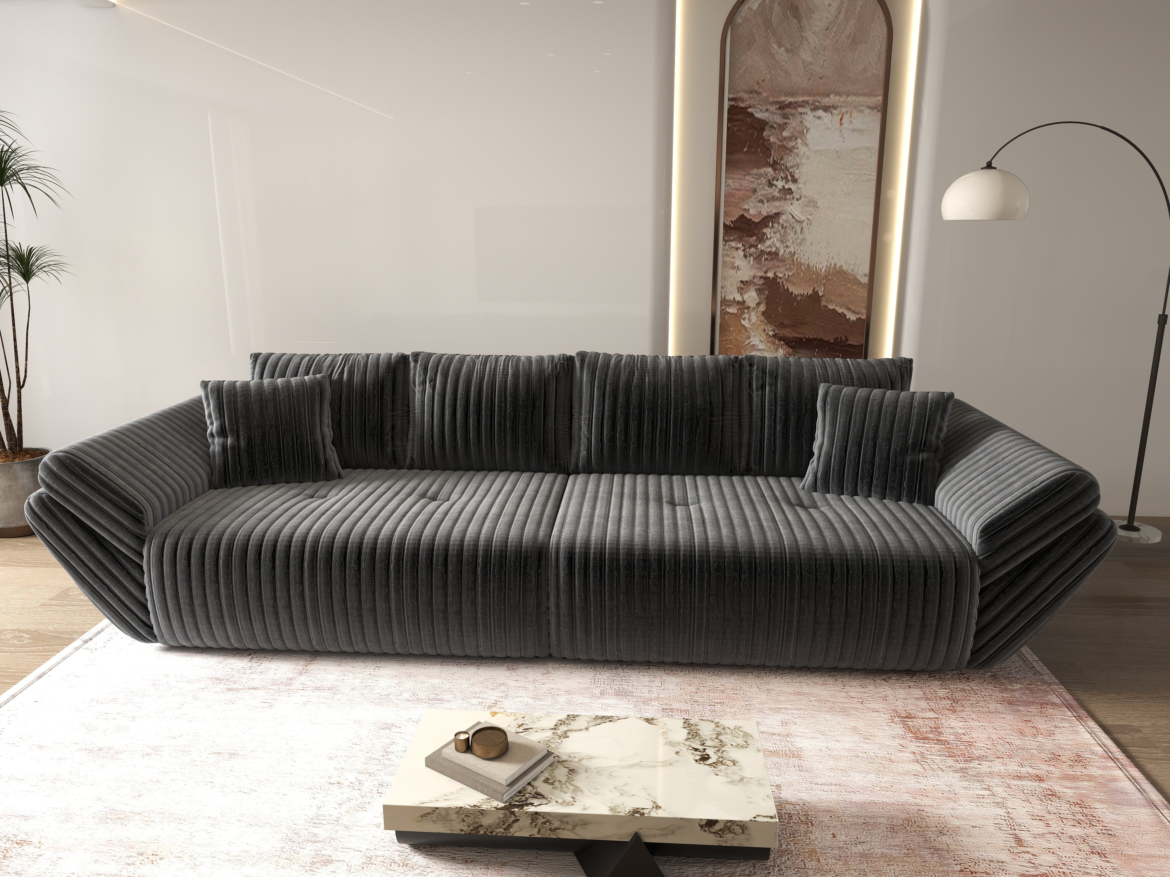 Canapea extensibilă dumonde cu ladă de depozitare si sezut confortabil din spuma HR, Berlin Ambience Grey 300x100 cm Fabrica