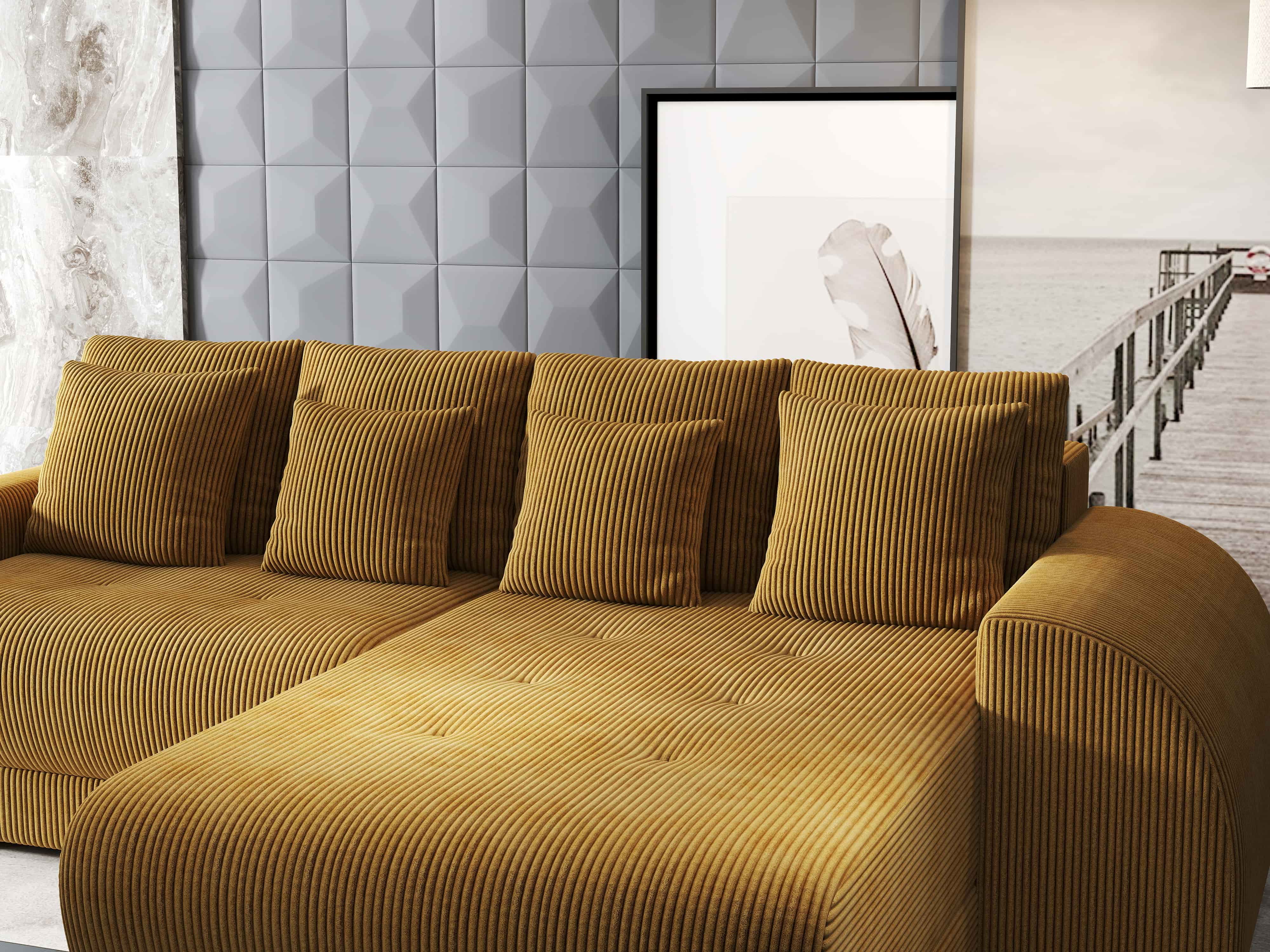 Colțar extensibil dumonde cu ladă de depozitare si sezut confortabil din spuma HR, Verona Zoom Mustar II 290x185 cm Fabrica