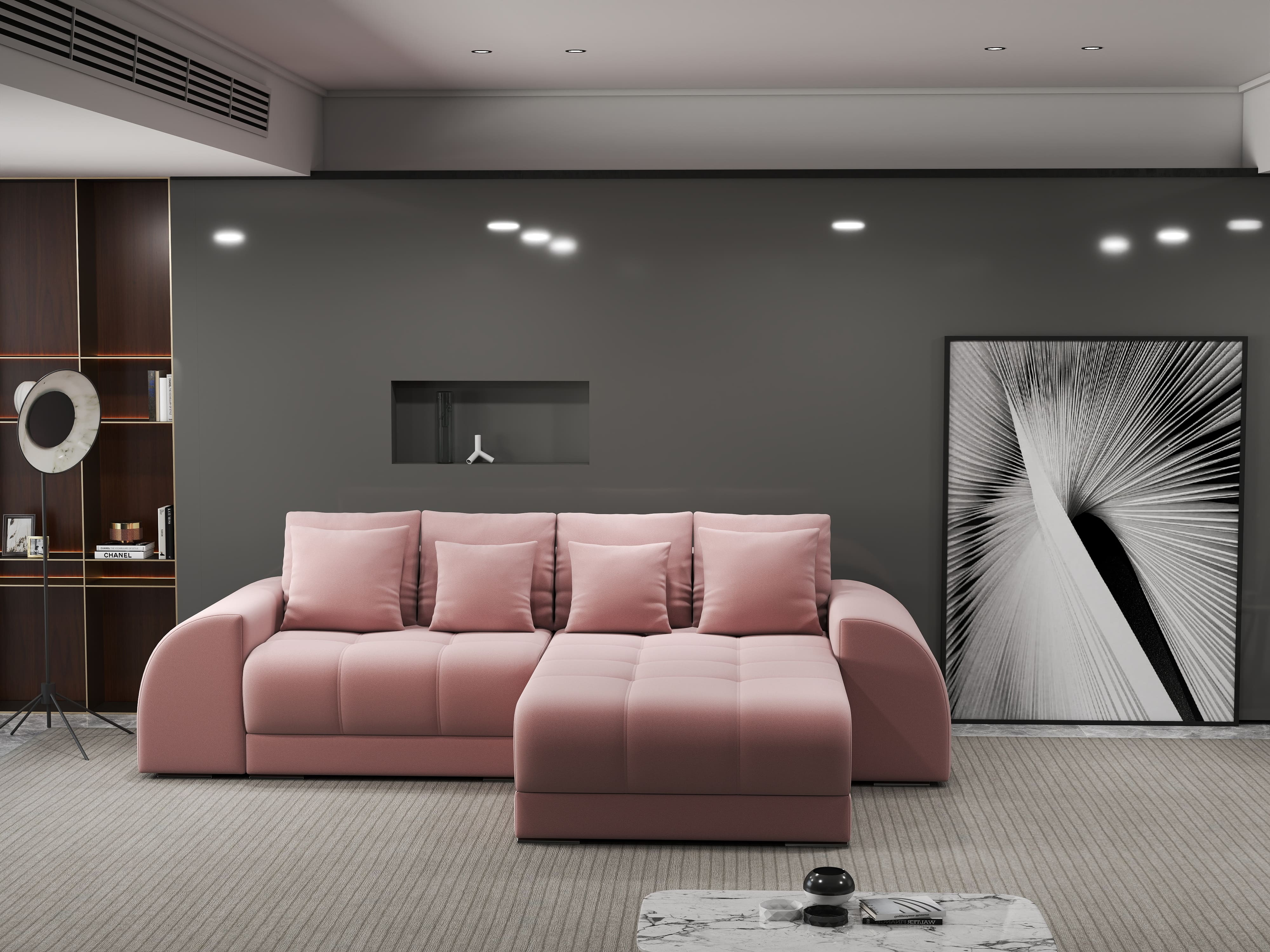 Colțar extensibil dumonde cu ladă de depozitare si sezut confortabil din spuma HR, Verona Royal Roz II 290x185 cm Fabrica