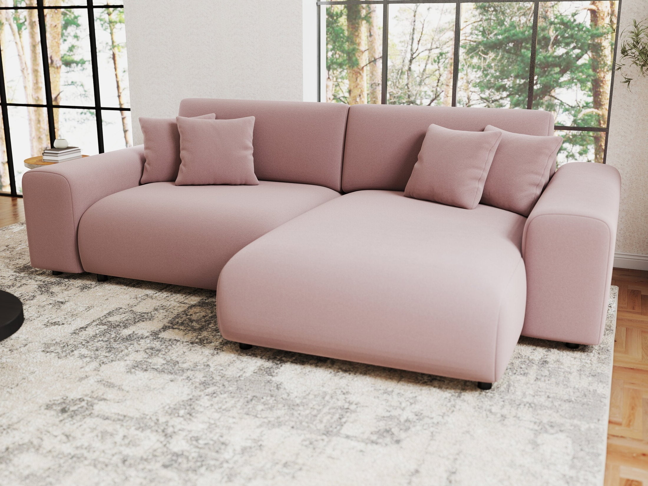 Colțar extensibil dumonde cu ladă de depozitare si sezut confortabil din spuma HR, Sarina Royal Roz 255x168 cm II