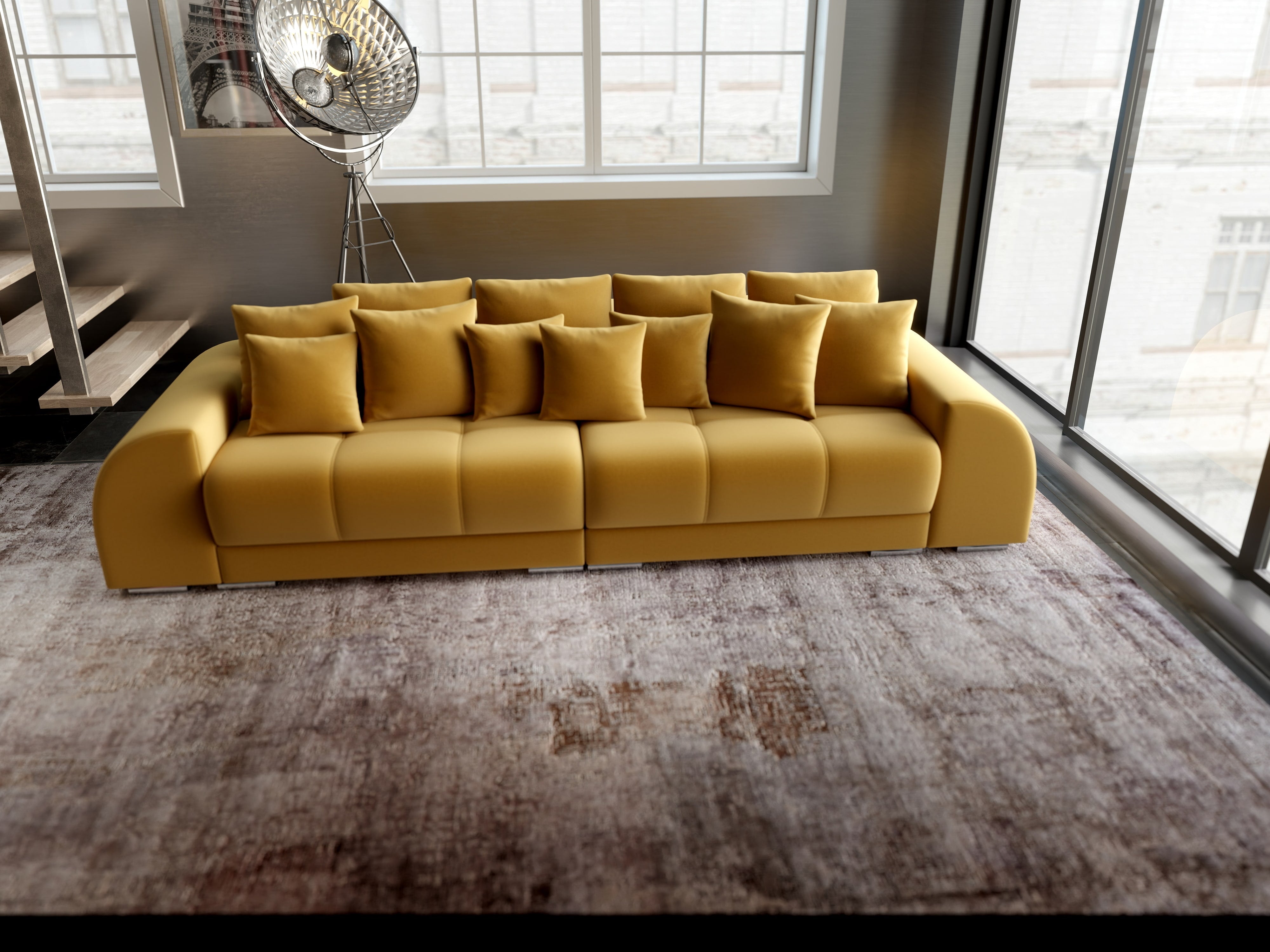 Canapea extensibilă dumonde cu 2 lăzi de depozitare si sezut confortabil din spuma HR, Verona Royal Mustar 310x100 cm Fabrica