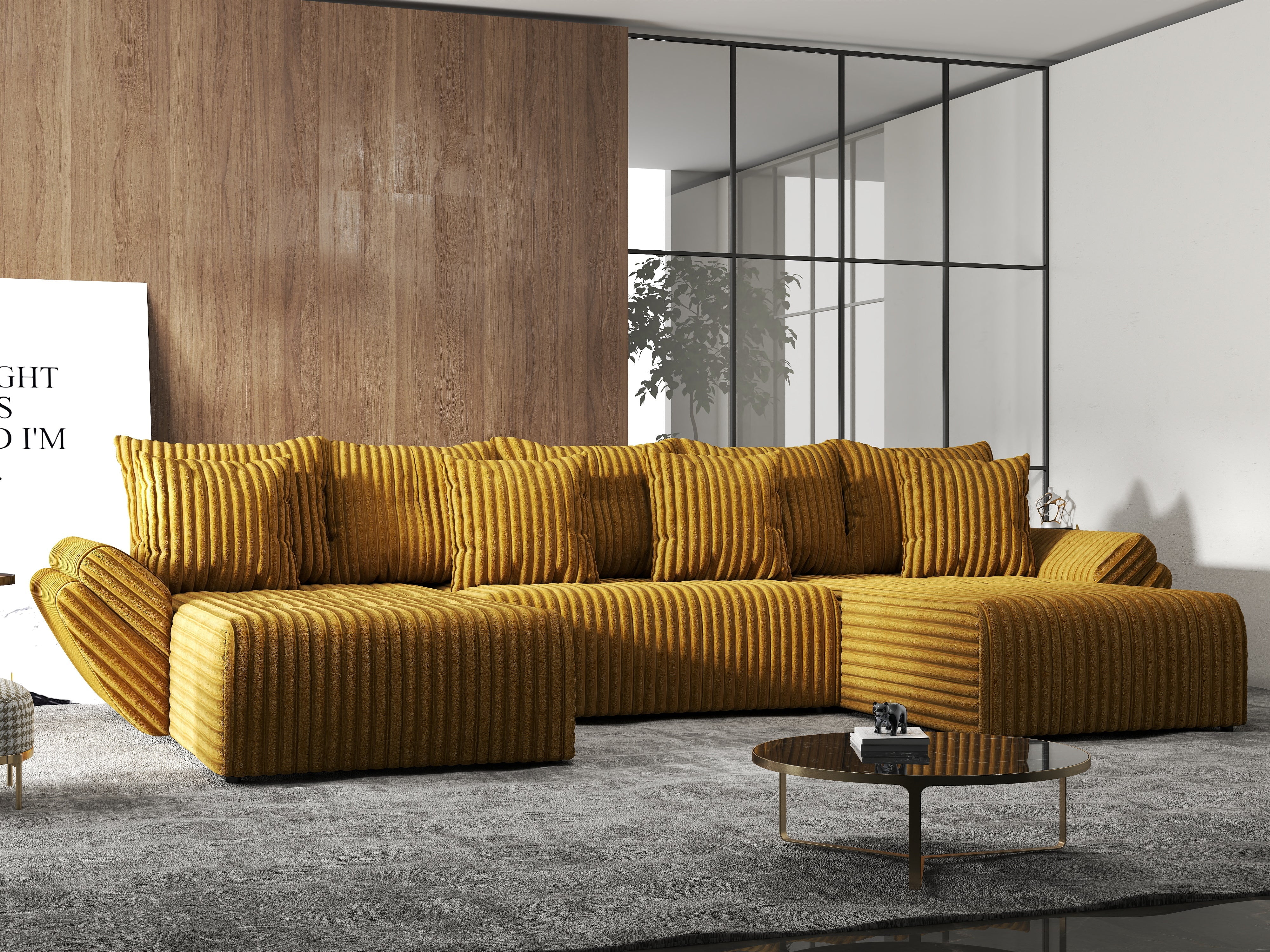 Colțar extensibil dumonde cu ladă de depozitare si sezut confortabil din spuma HR, Berlin U Ambiance Mustar 380x180 cm Fabrica