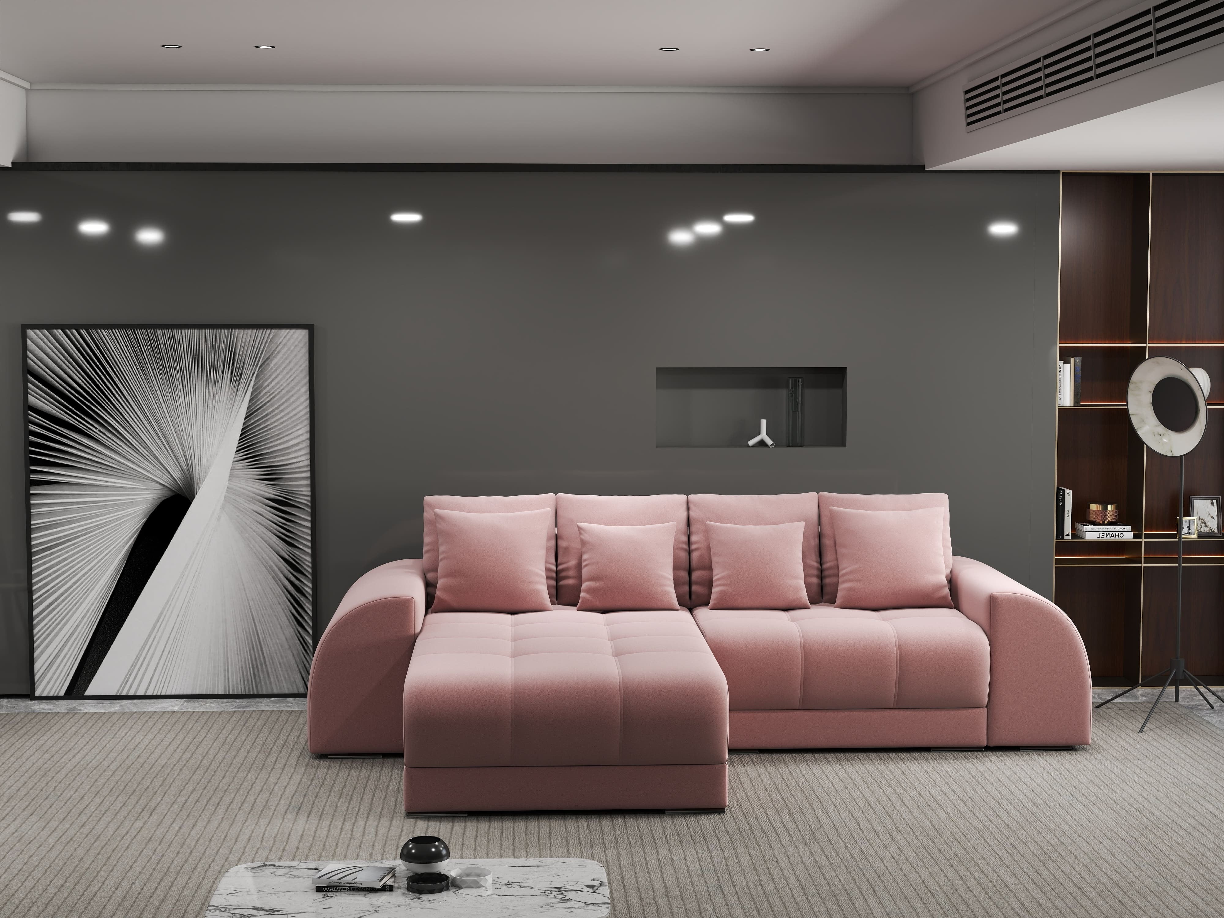 Colțar extensibil dumonde cu ladă de depozitare si sezut confortabil din spuma HR, Verona Royal Roz 290x185 cm Fabrica