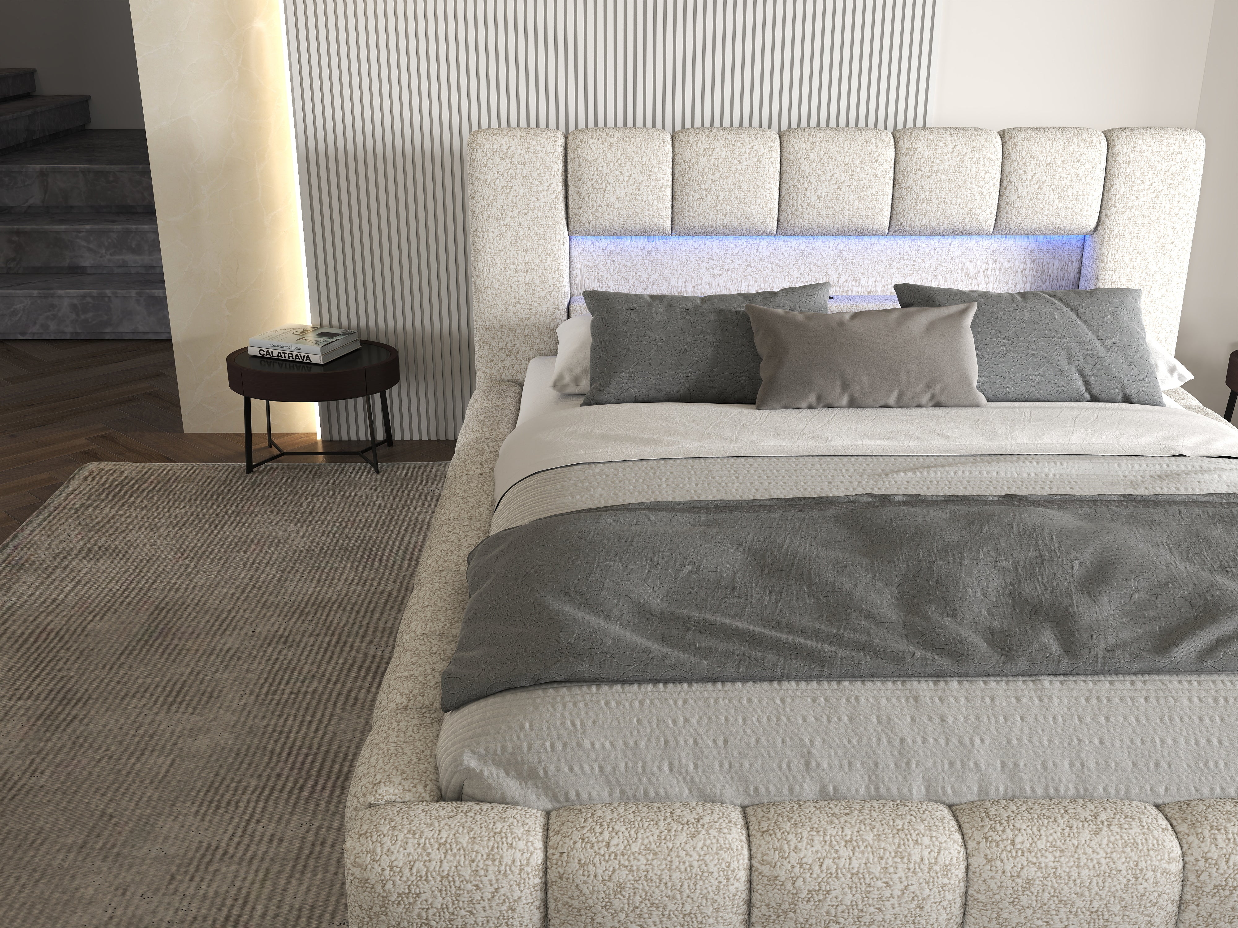 Pat dormitor dumonde, tapitat gri cu LED si USB, Palermo 160x200 cm, somiera rabatabila inclusa, spatiu depozitare