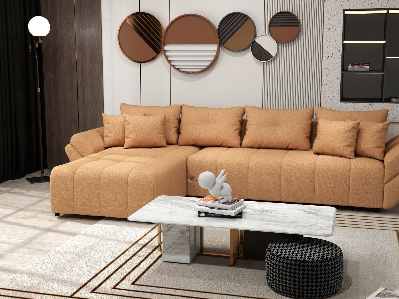 Colțar extensibil dumonde cu ladă de depozitare si sezut confortabil din spuma HR, Berlin XL Enjoy Mango 350x185 cm II Fabrica