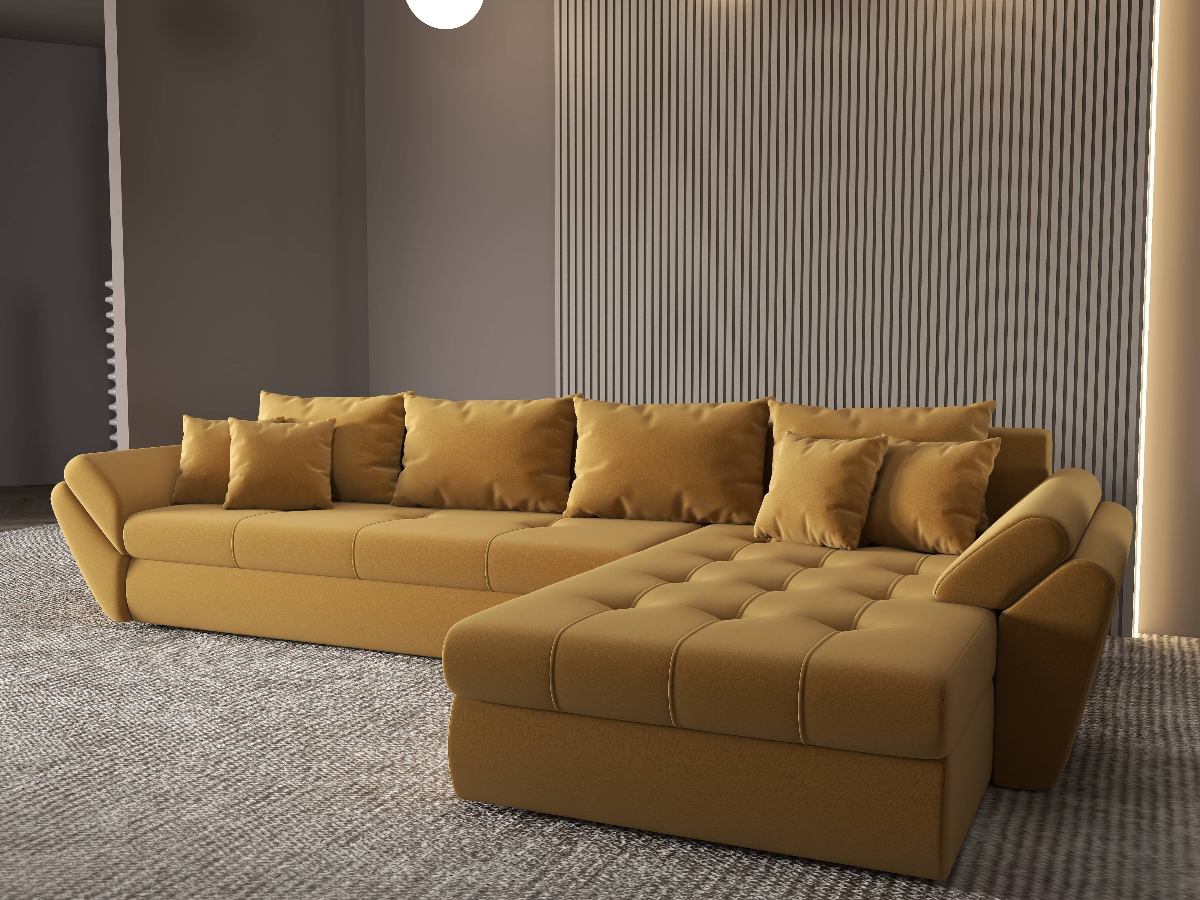 Colțar extensibil dumonde cu ladă de depozitare si sezut confortabil din spuma HR, Loana XL Royal Mustar II 335x185 cm Fabrica