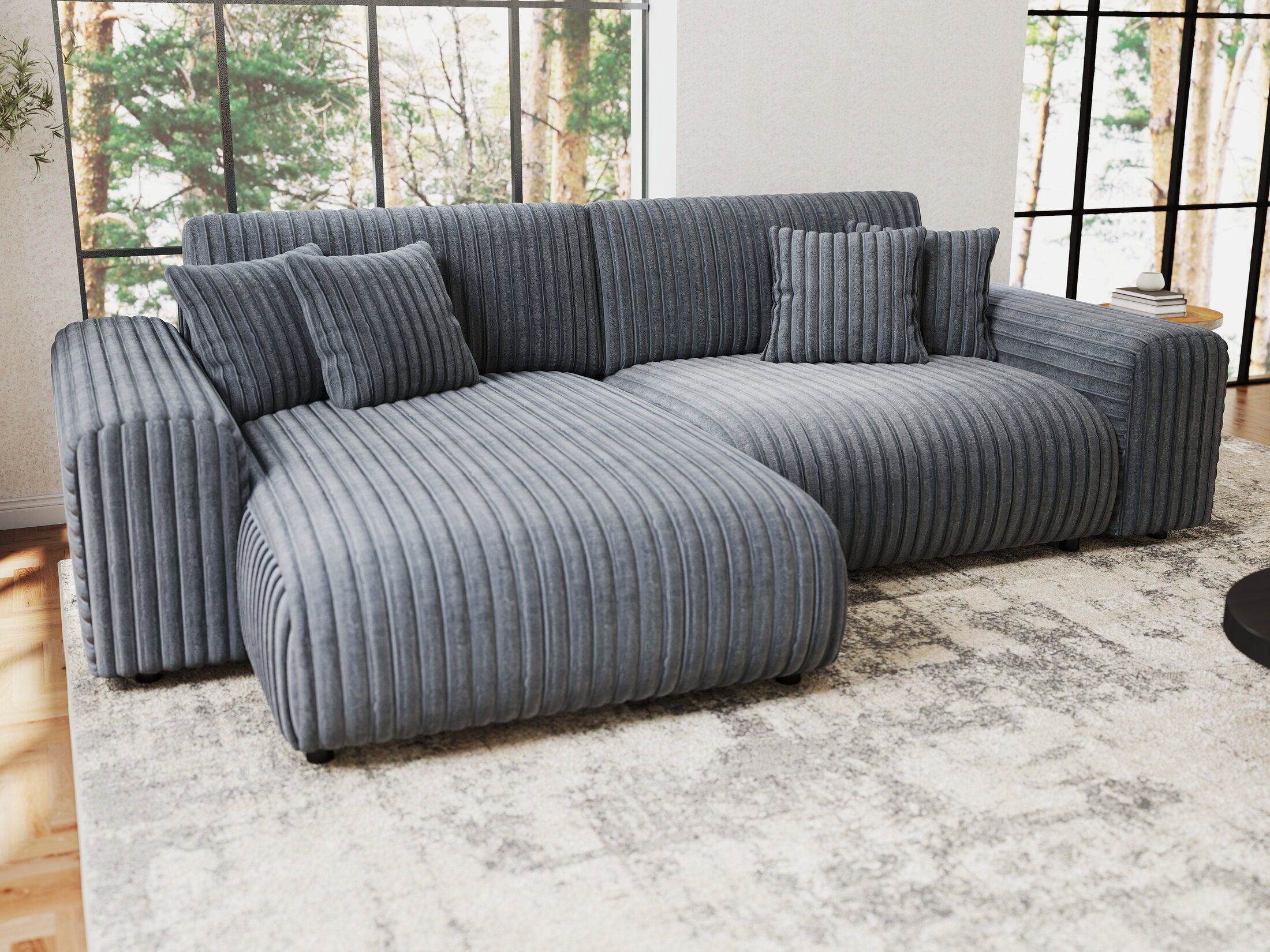 Colțar extensibil dumonde cu ladă de depozitare si sezut confortabil din spuma HR, Sarina Ambience Gri 255x168 cm