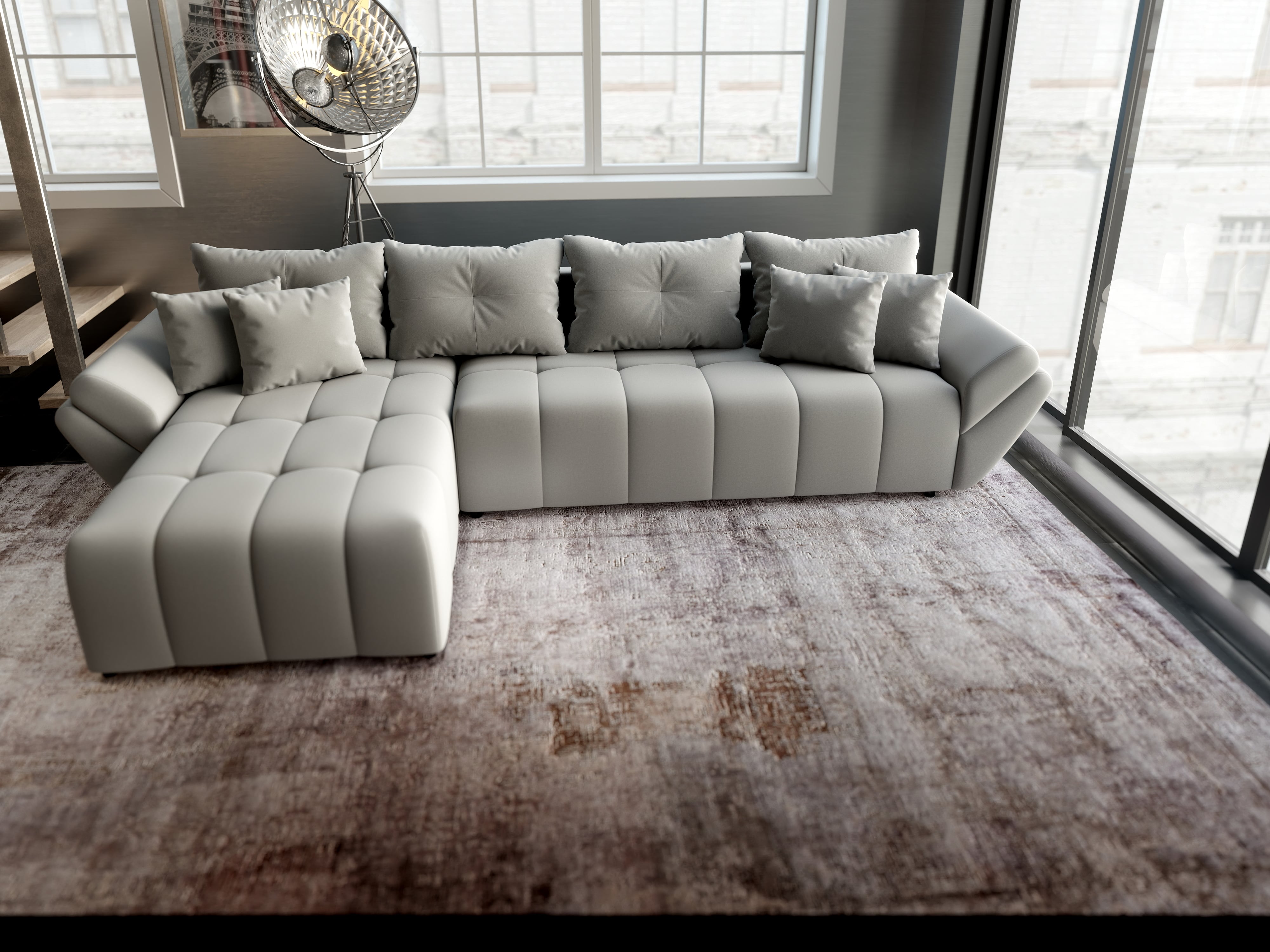 Colțar extensibil dumonde cu ladă de depozitare si sezut confortabil din spuma HR, Berlin XL Royal Gri 350x185 cm Fabrica