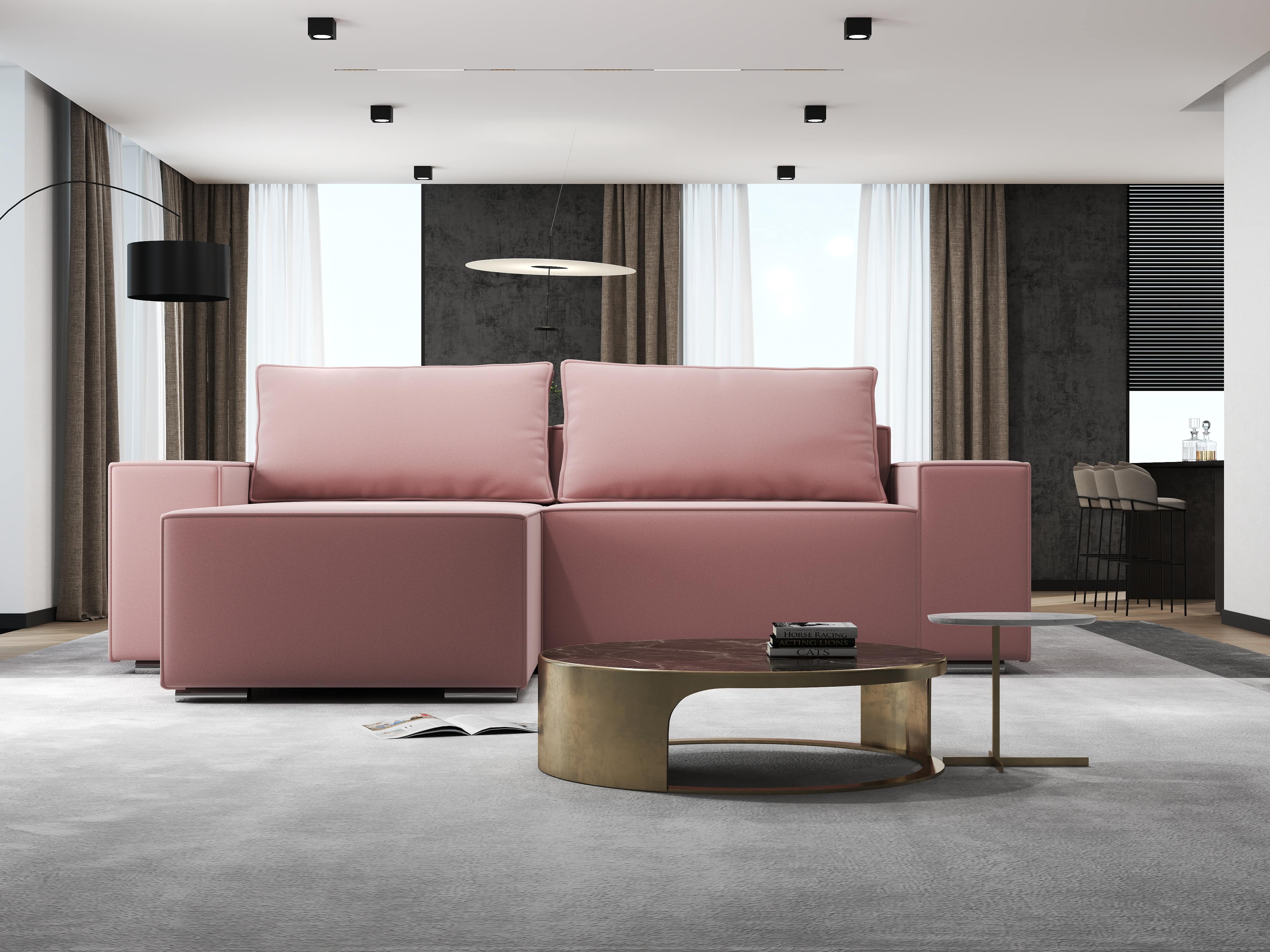 Colțar extensibil dumonde cu ladă de depozitare si sezut confortabil din spuma HR, Dream Royal Roz 290x185 cm Fabrica